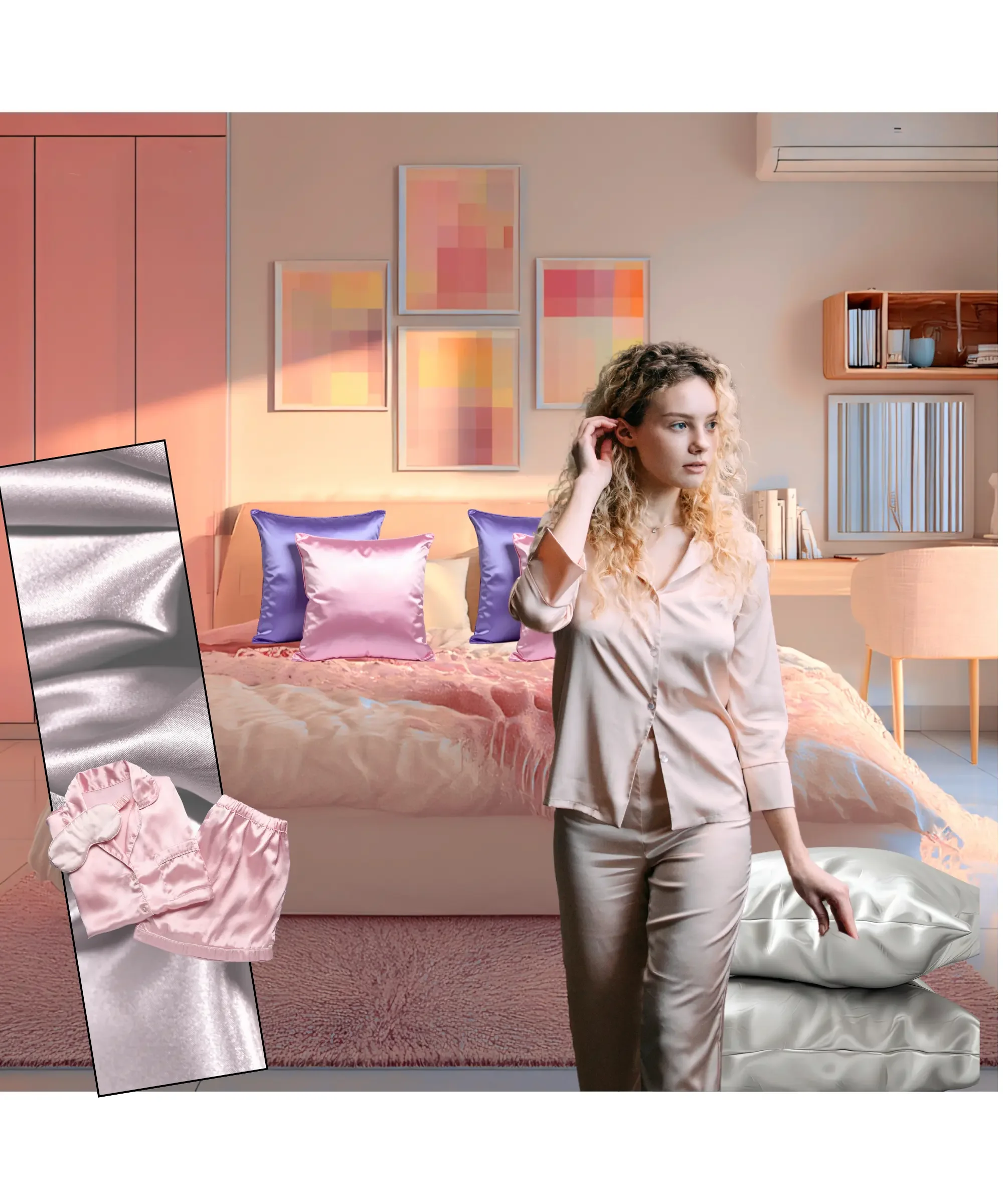 Woman in silk pajamas standing in a modern bedroom with silk pillows, representing smooth hair and comfortable sleep.
