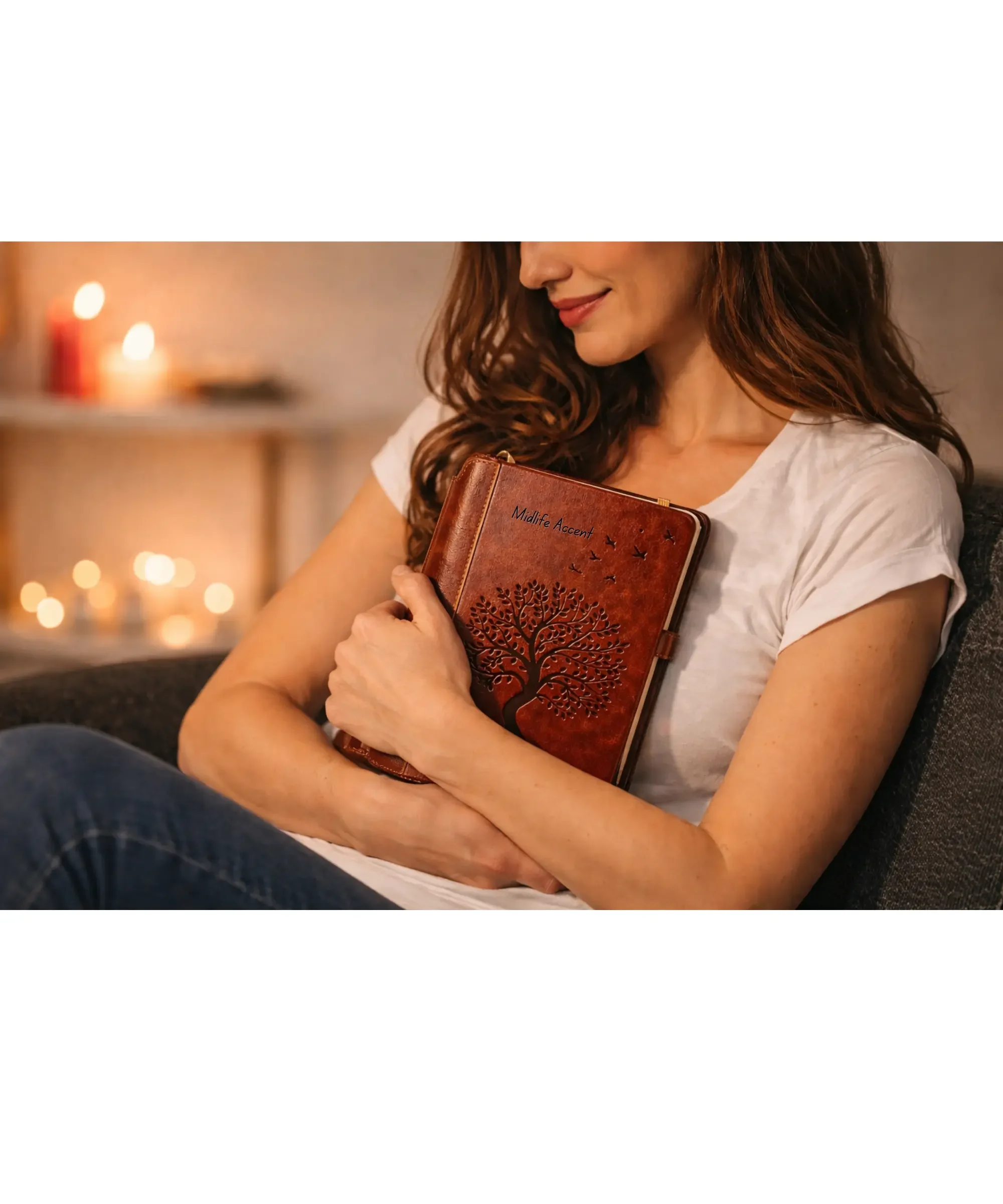 Woman in her mid-40s holding a brown leather journal with an embossed tree design in a softly lit, cozy indoor setting.