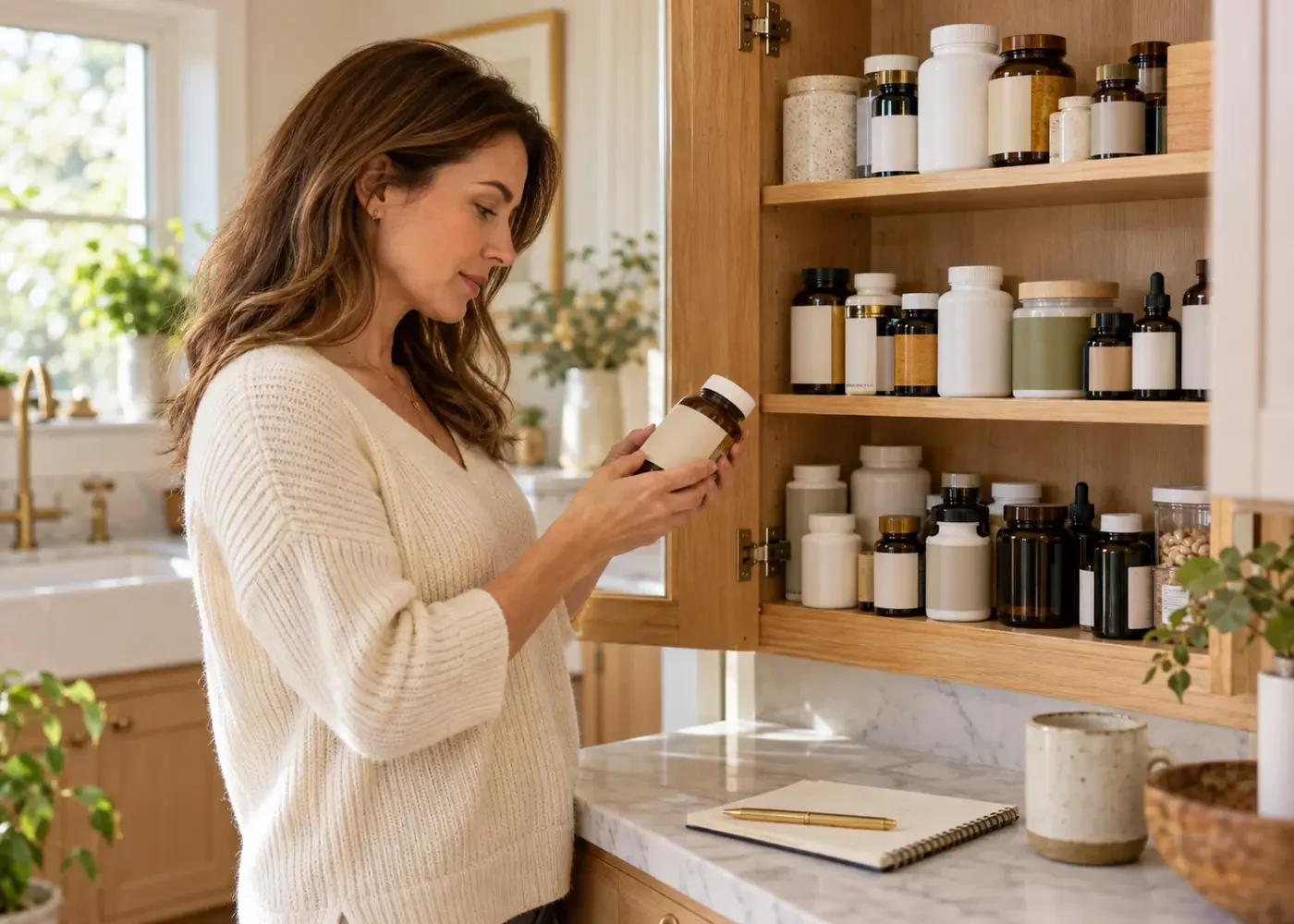 Woman examining a supplement bottle beside an open wooden cabinet filled with supplement containers, with a notebook and pen on the counter.