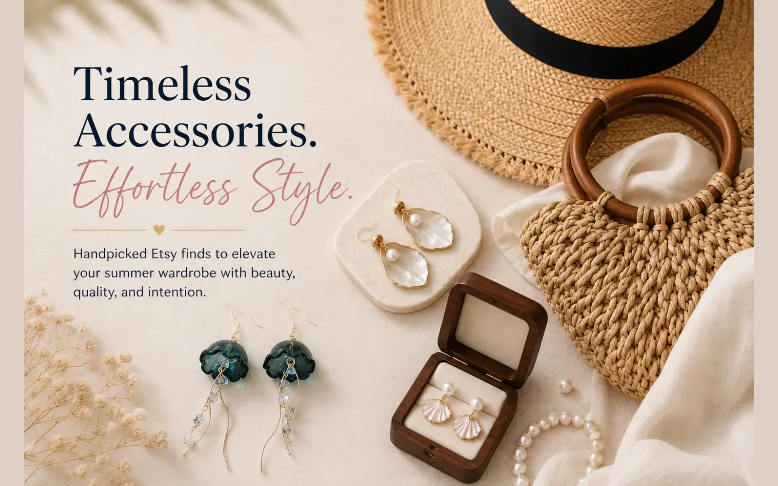 Editorial flat lay featuring timeless summer accessories, including a woven straw hat, woven handbag, handcrafted earrings, pearl jewelry, and neutral linen fabric on a soft beige background.