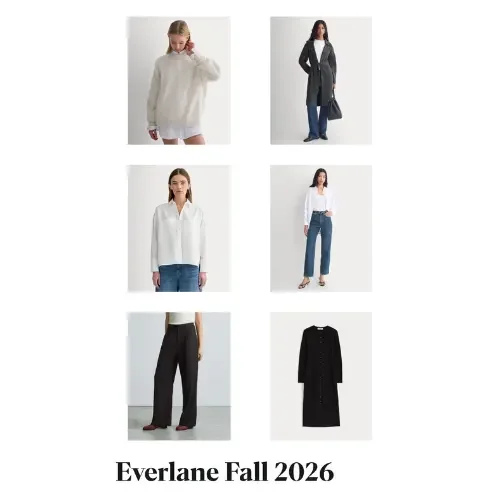 Everlane Fall 2026 capsule wardrobe collage featuring a cream sweater, belted coat, white tops, blue jeans, black trousers, and a black long-sleeve dress. Text reads “Everlane Fall 2026”
