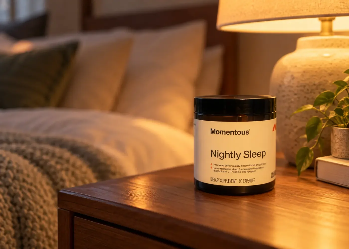 Momentous Nightly Sleep bottle on a bedside table beside a softly lit lamp and bed.