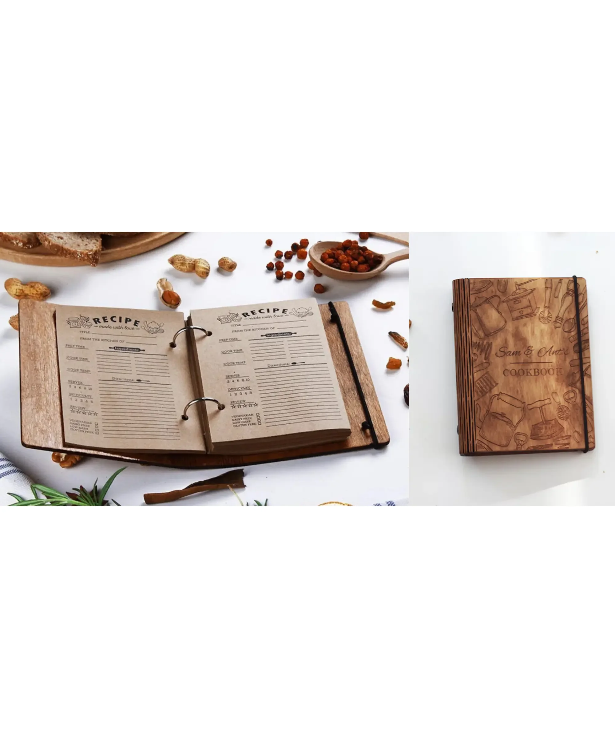 Personalized wooden recipe journal with engraved cover and ring binder pages for writing recipes, displayed open on a table with ingredients and spices nearby.