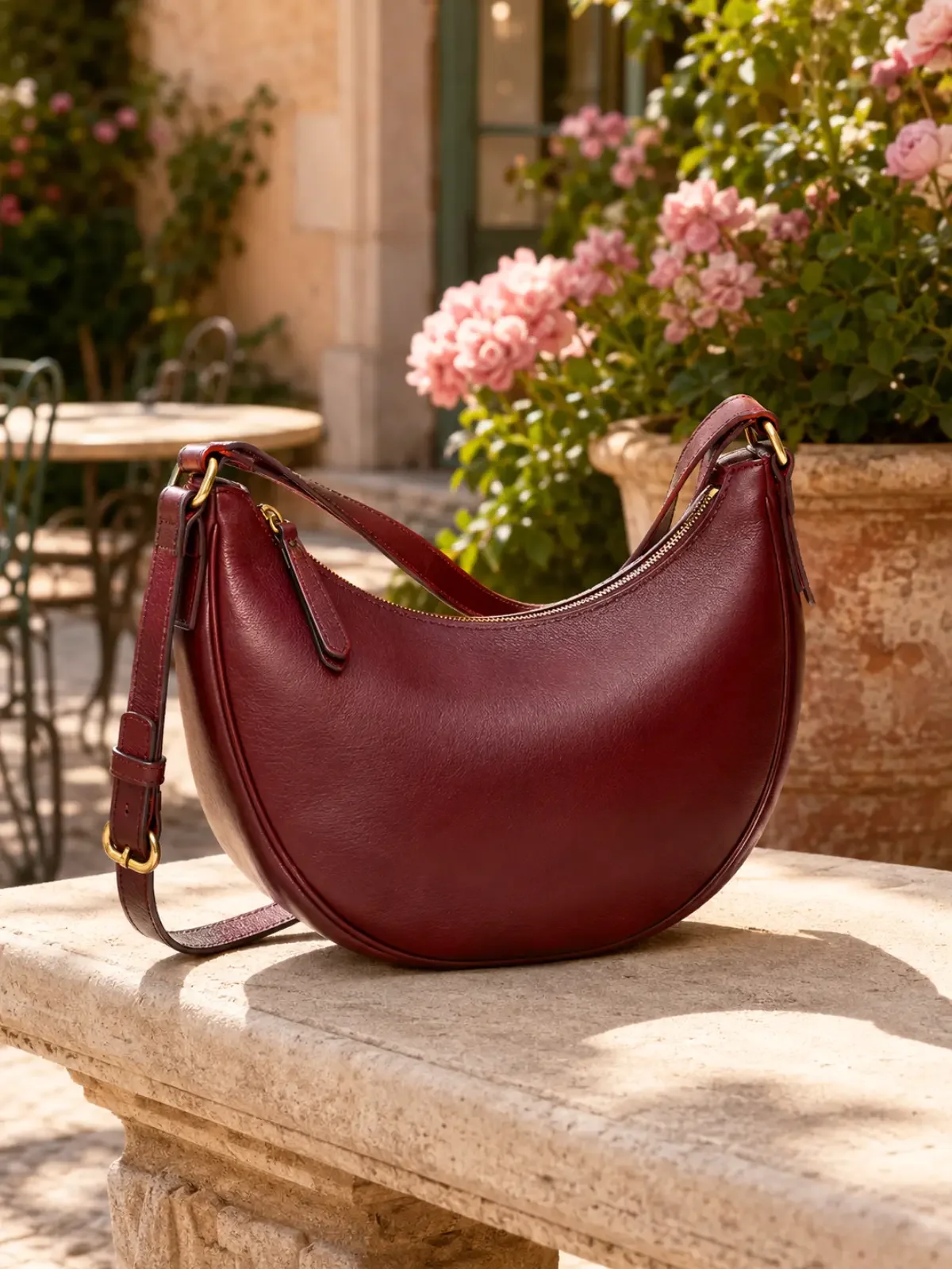 Burgundy leather crescent bag displayed on a sunlit Mediterranean garden terrace.