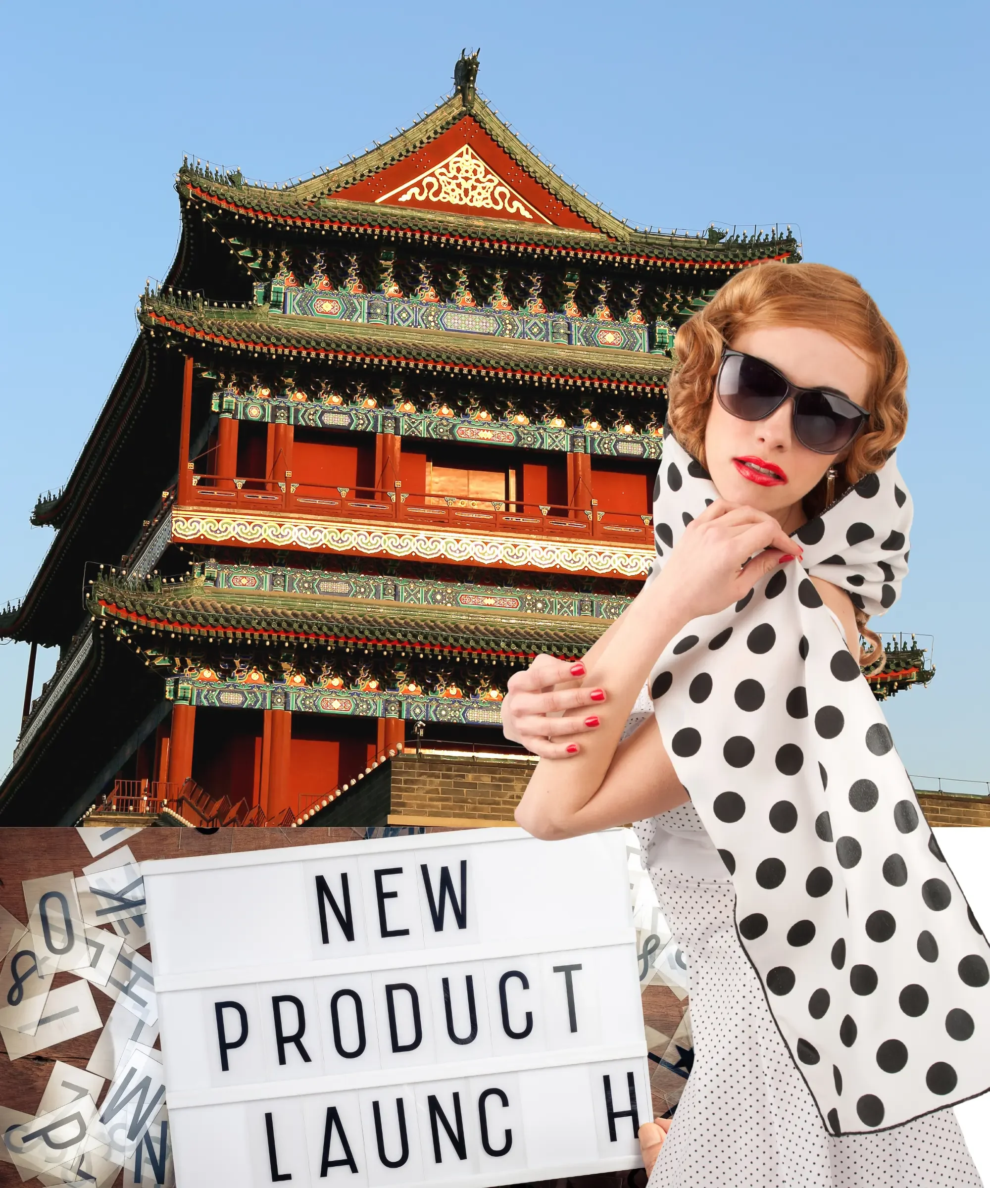 Stylish woman in polka dots posing in front of a traditional Chinese building, with a lightbox sign reading “New Product Launch,” symbolizing sourcing new products in China.