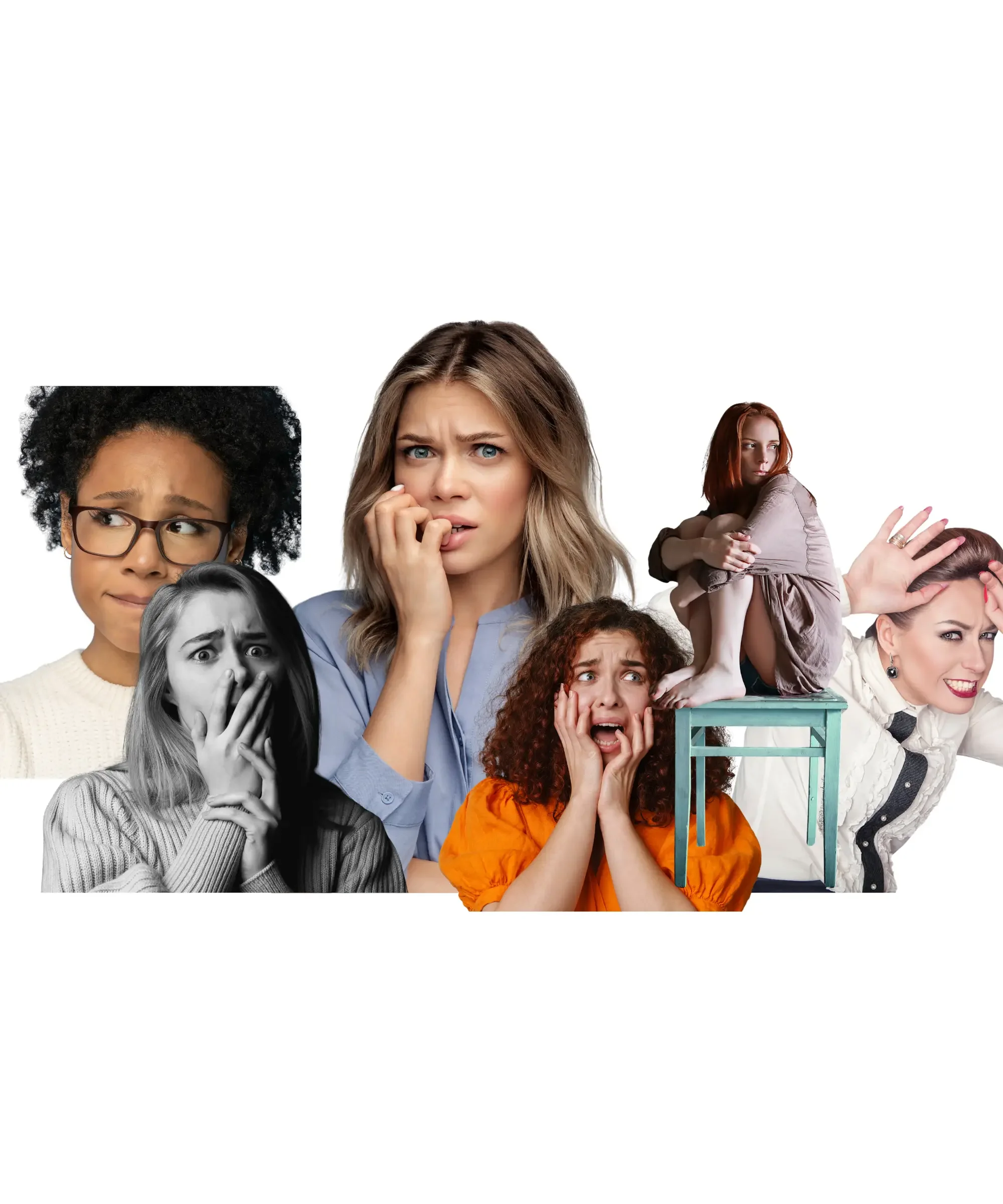 Collage of anxious women showing stress, fear, and overwhelm, including nervous gestures, worried facial expressions, and emotional distress on a neutral background, mental health and anxiety concept