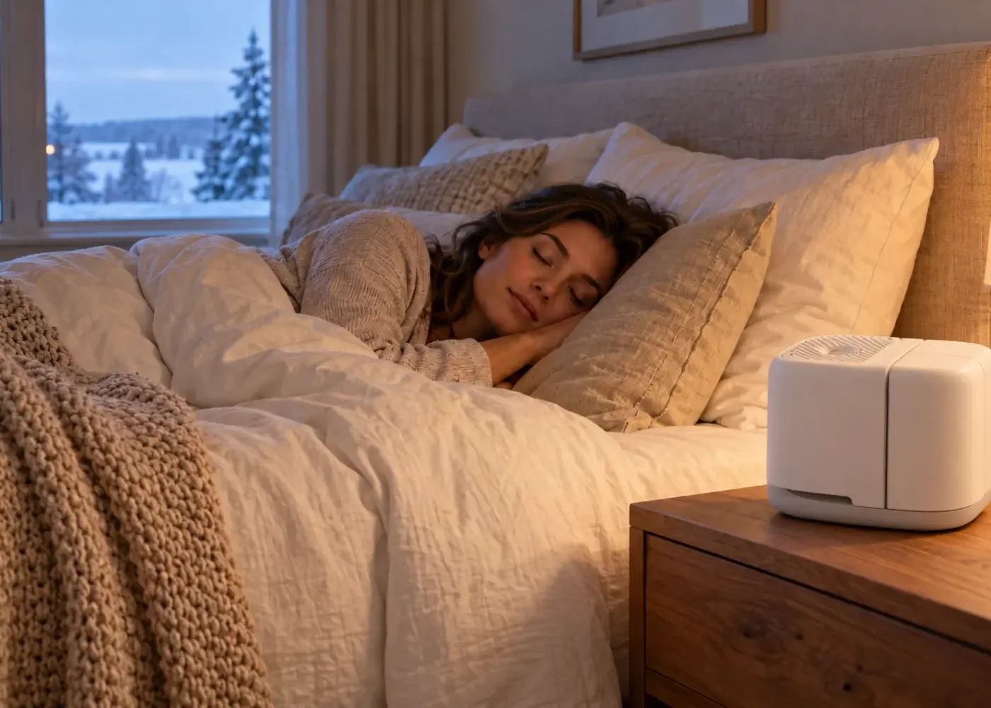Woman sleeping in a cozy winter bedroom with a white Canopy humidifier on the nightstand and snow outside the window.