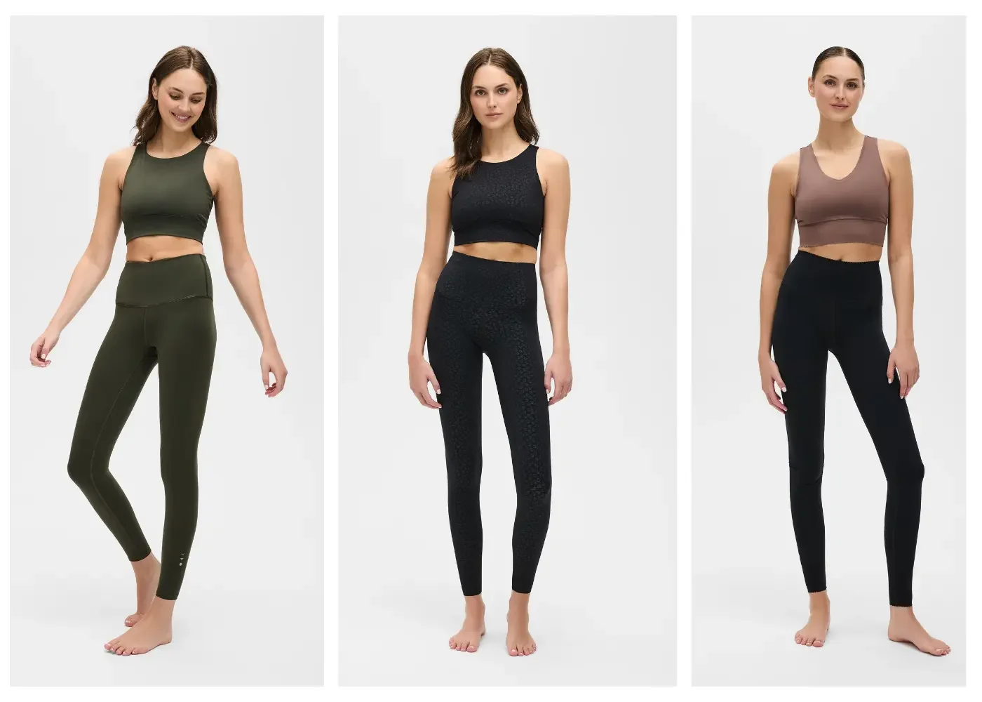 Three women modeling Elastique high-waisted leggings in olive green and black, paired with olive, black, and mauve sports bras.