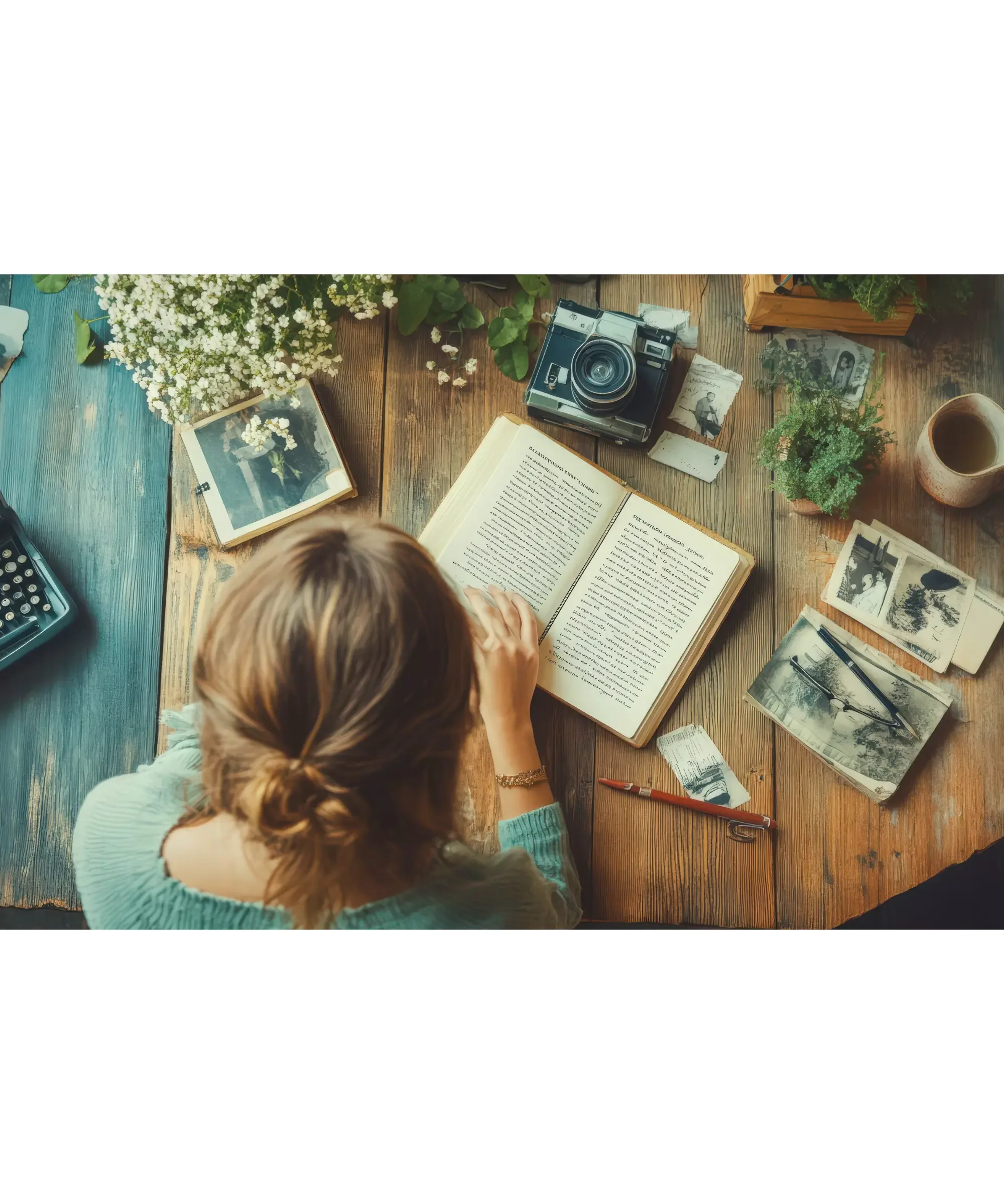 Top-down view of a woman reading a book on a wooden table surrounded by photographs, a vintage camera, a cup of coffee, potted plants, and a typewriter.