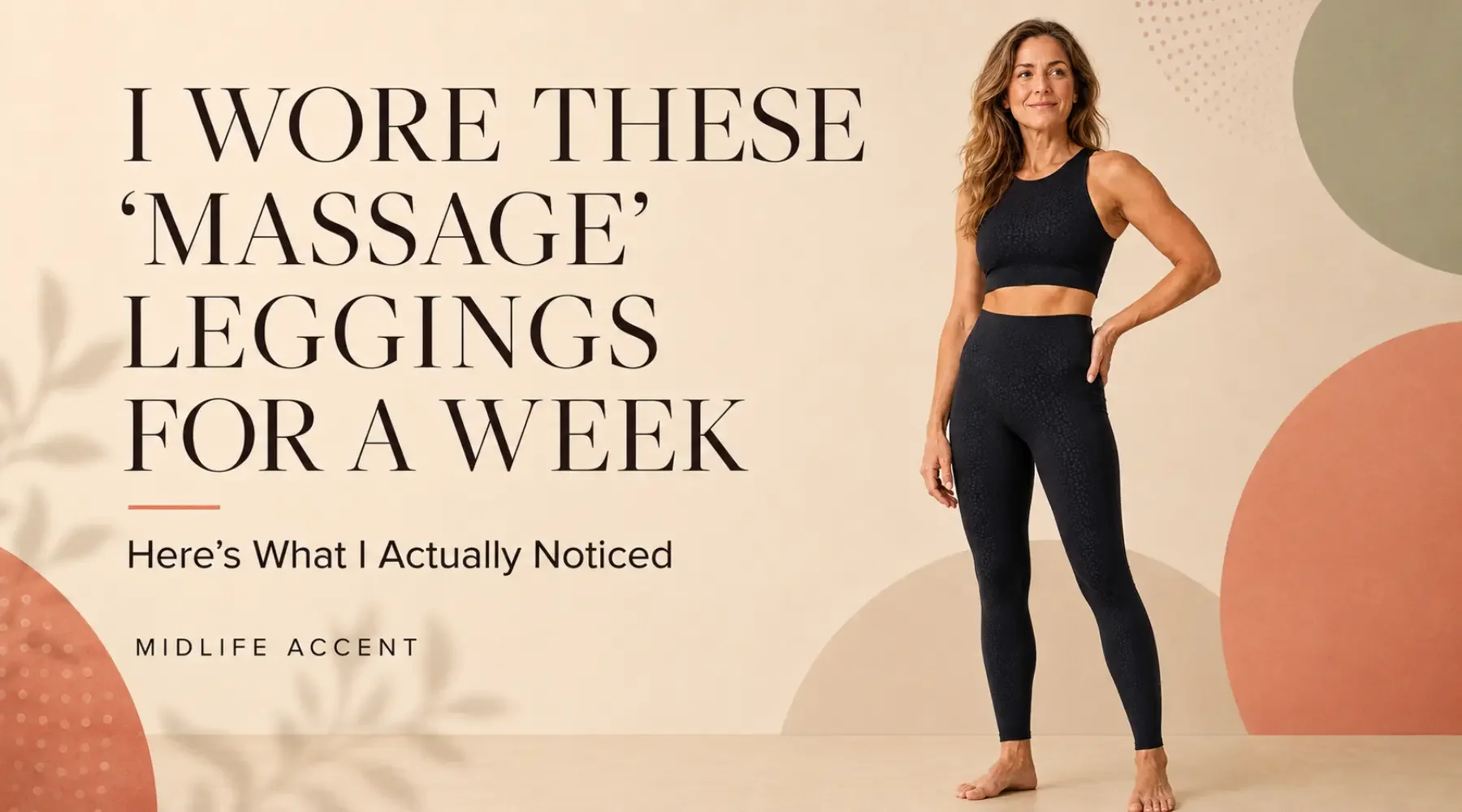 Woman wearing black Elastique massage leggings beside text about what I noticed after wearing them for a week.