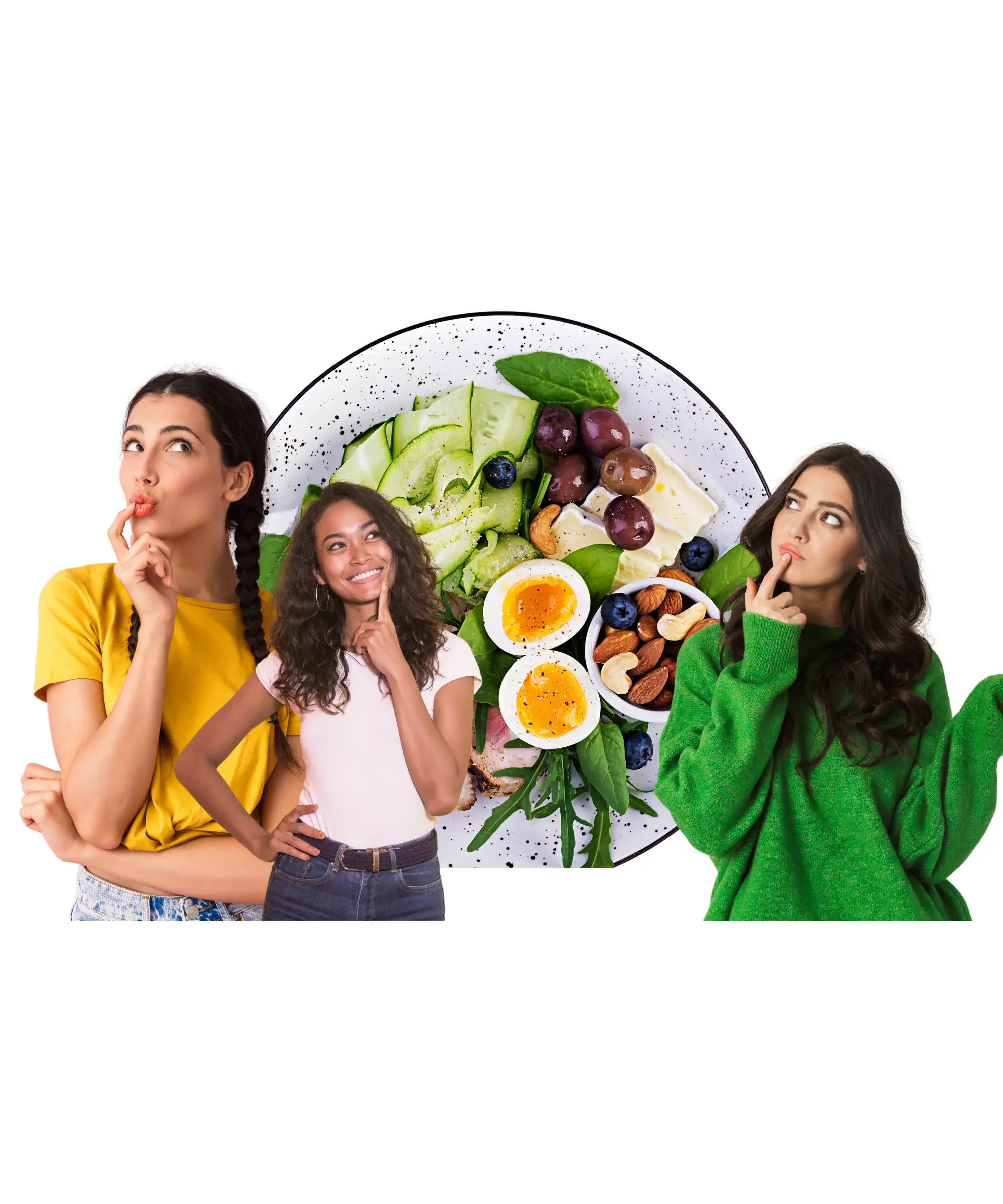 Collage of three women thinking about food in front of a low-carb meal with eggs, avocado, olives, nuts, and greens, representing healthy low-carb diet choices.