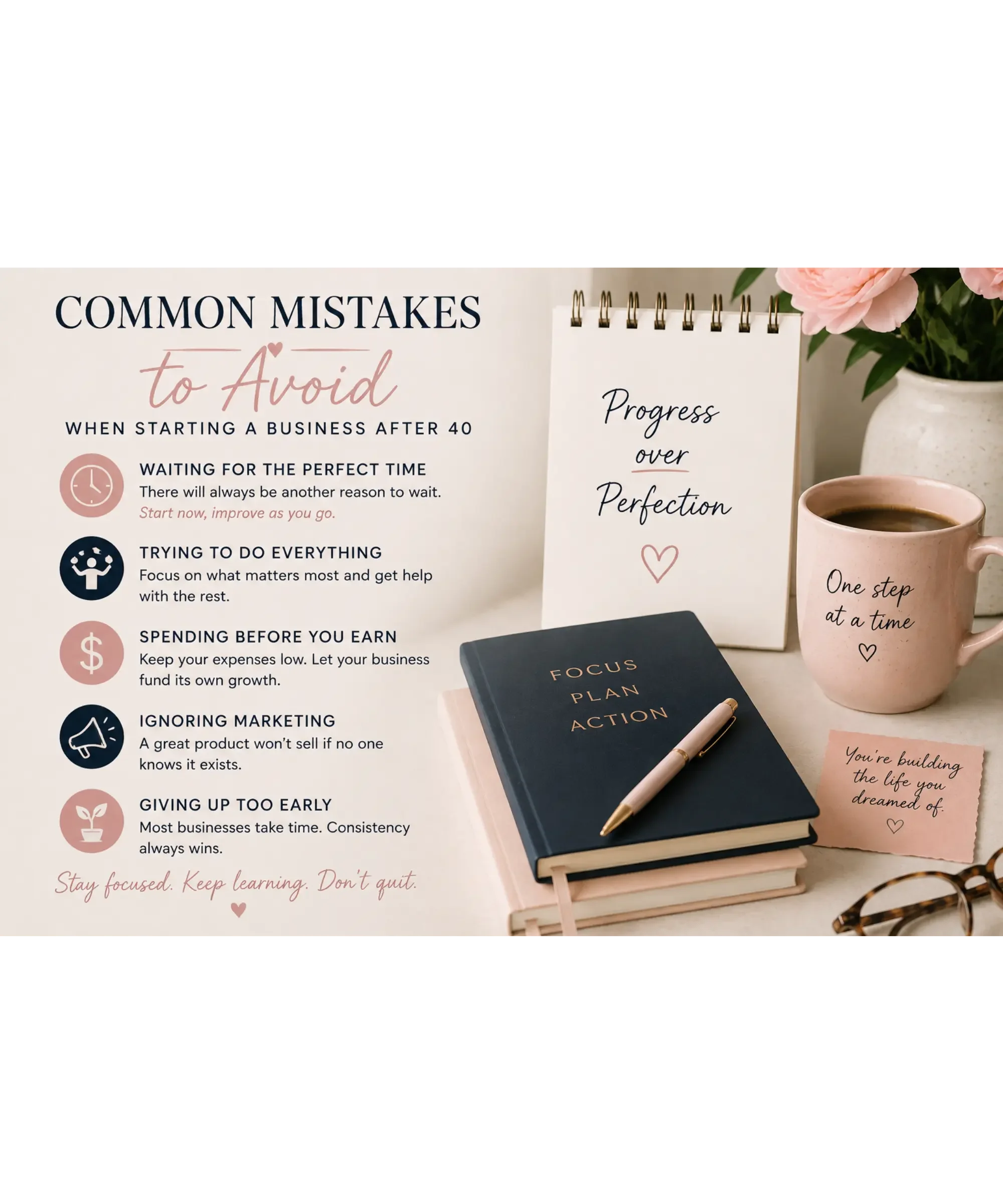 An elegant workspace featuring a notebook, coffee, flowers, and business planner beside the heading "Common Mistakes to Avoid When Starting a Business After 40."