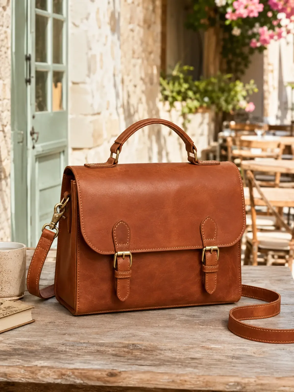 Leather classic Satchel bag brown on a table
