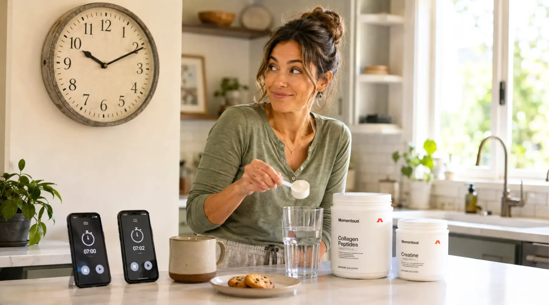 Woman checking clocks before taking Momentous Creatine and Collagen Peptides.