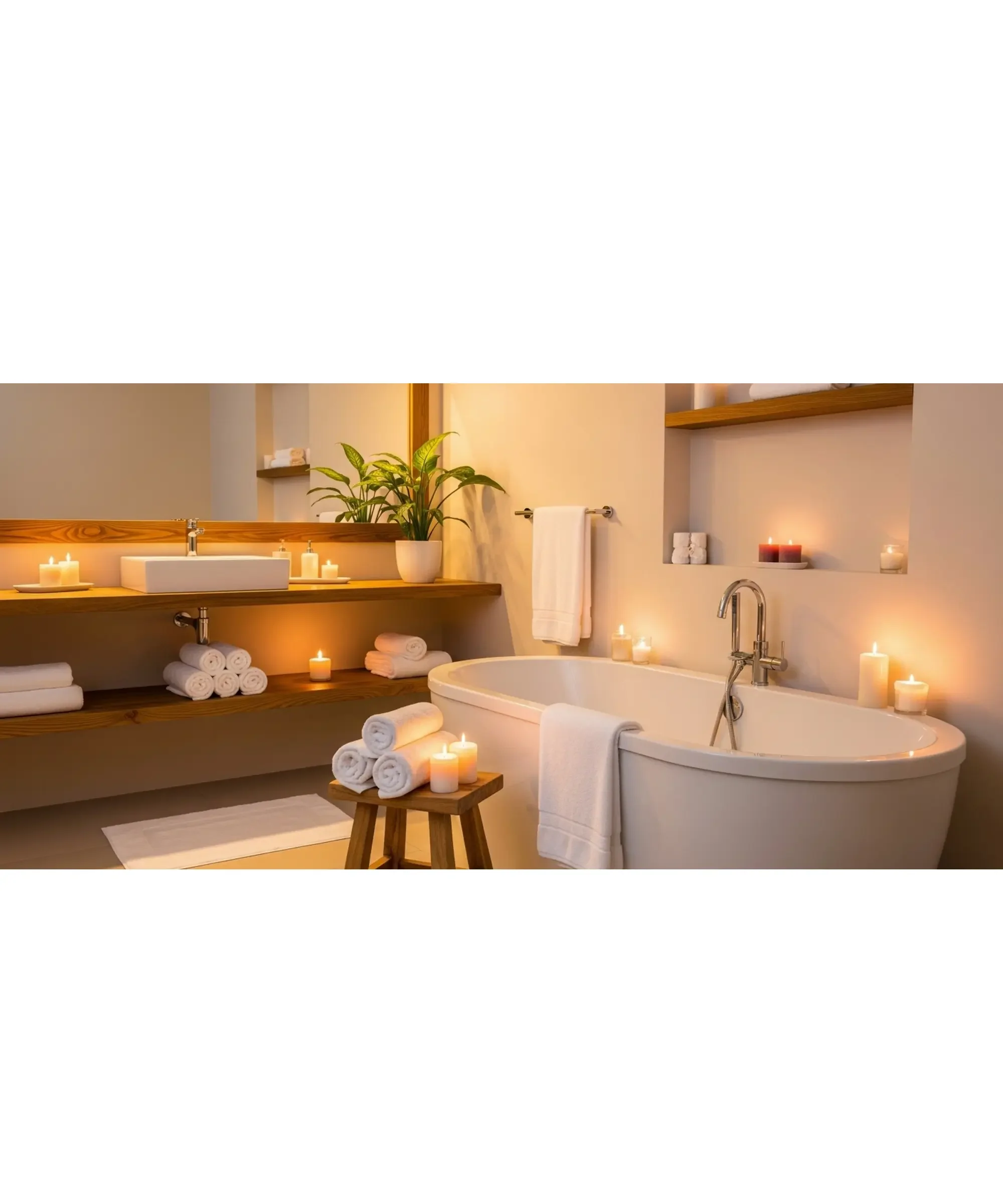 Cozy bathroom with a freestanding bathtub, lit candles, and neatly folded towels