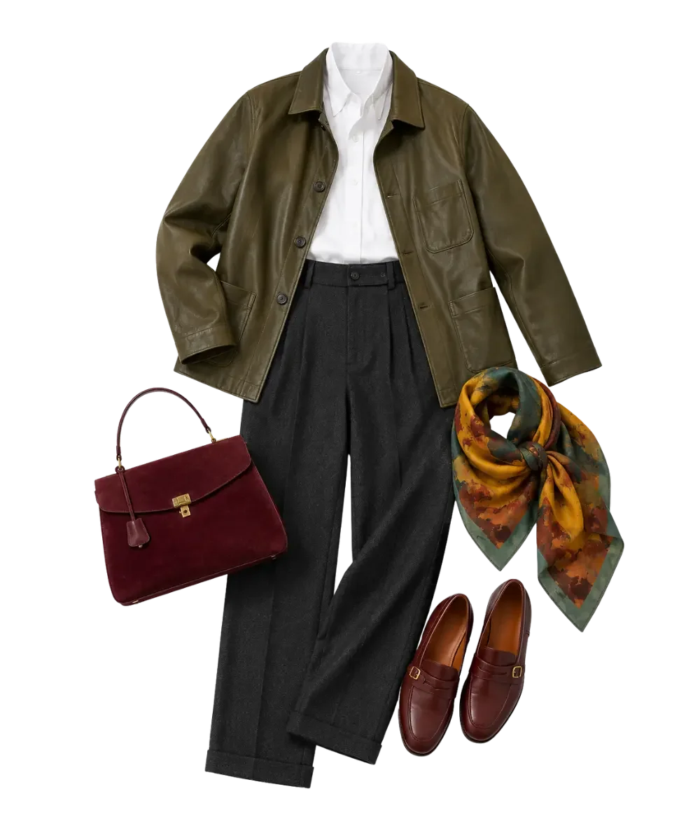 White button-down shirt with charcoal trousers, an olive-green leather jacket, burgundy loafers and handbag, and an autumn-patterned silk scarf on a white background.