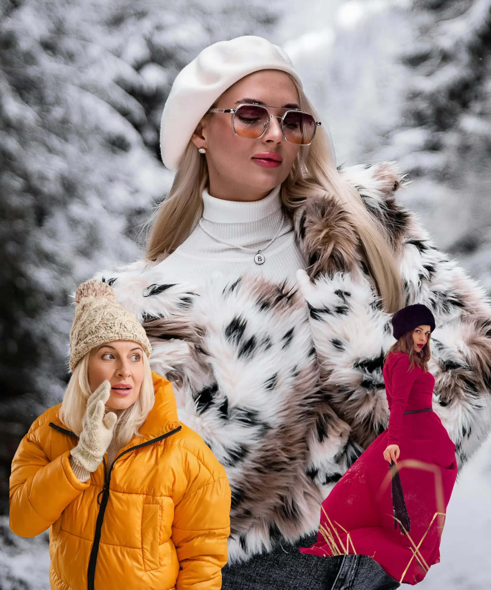 Woman styled for winter outdoors wearing a white beret, sunglasses, and faux fur coat against a snowy background, with layered images showing cozy winter fashion looks and cold-weather outfits.