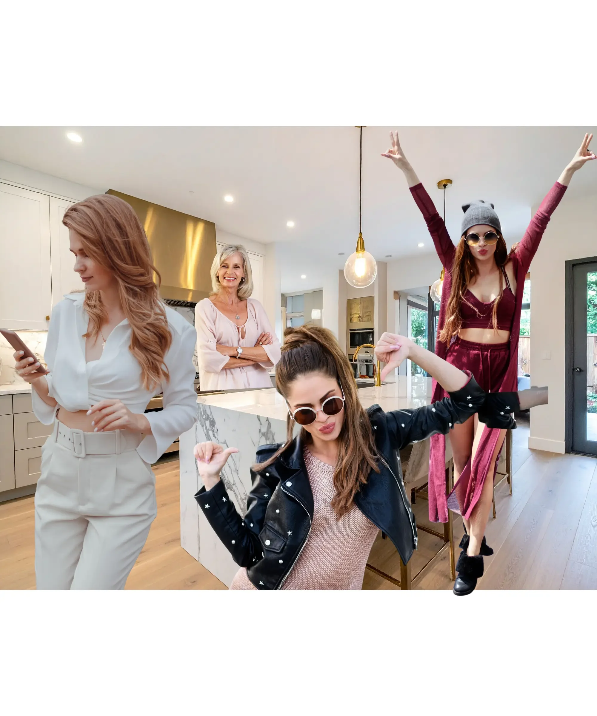 Four women of different ages and styles standing and dancing in a bright modern kitchen with a marble island and pendant lights, showing confidence, lifestyle energy, and everyday home life.