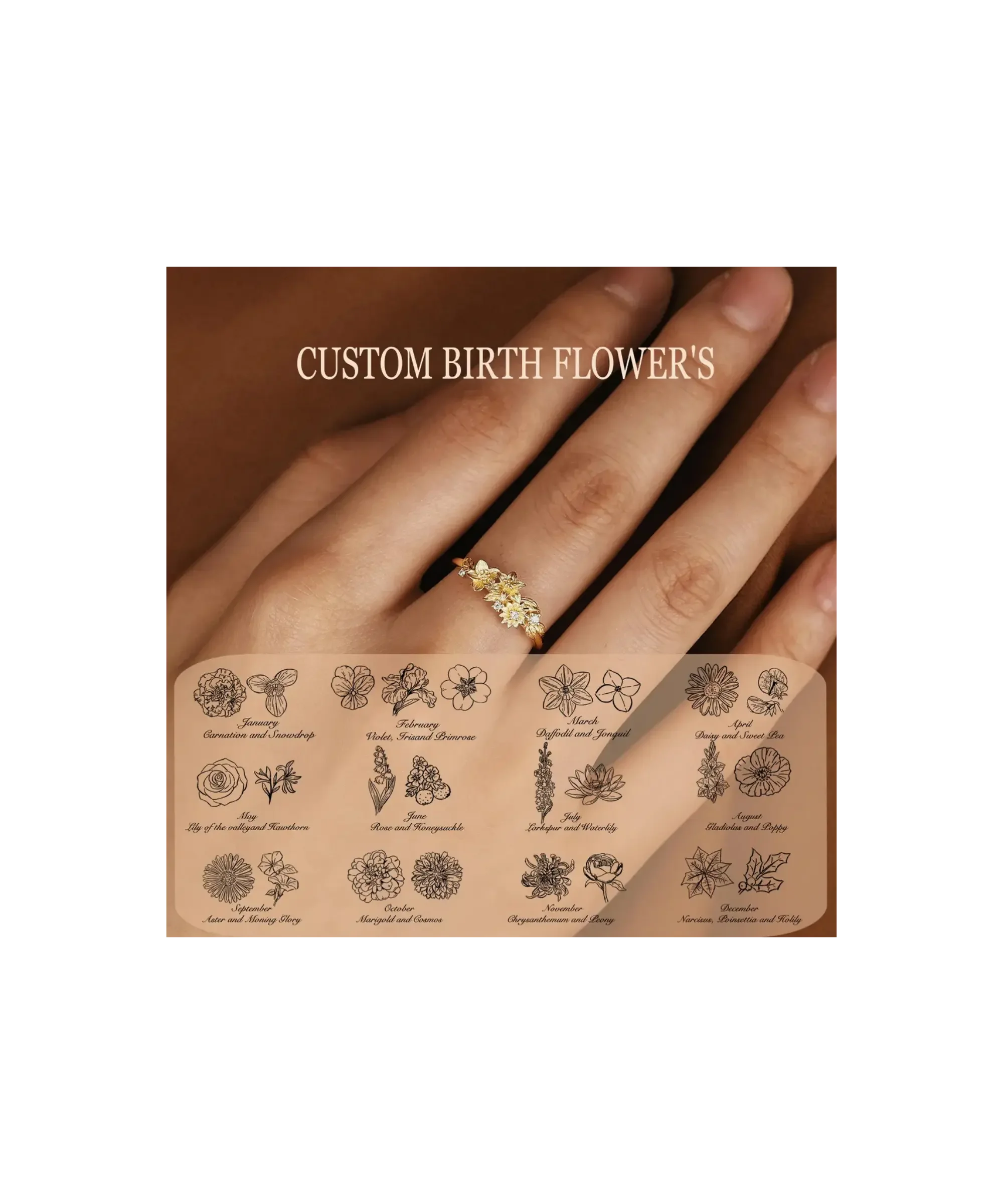 Custom birth flower ring with delicate floral design, personalized by month, gold-tone band with dainty cluster flowers worn on hand