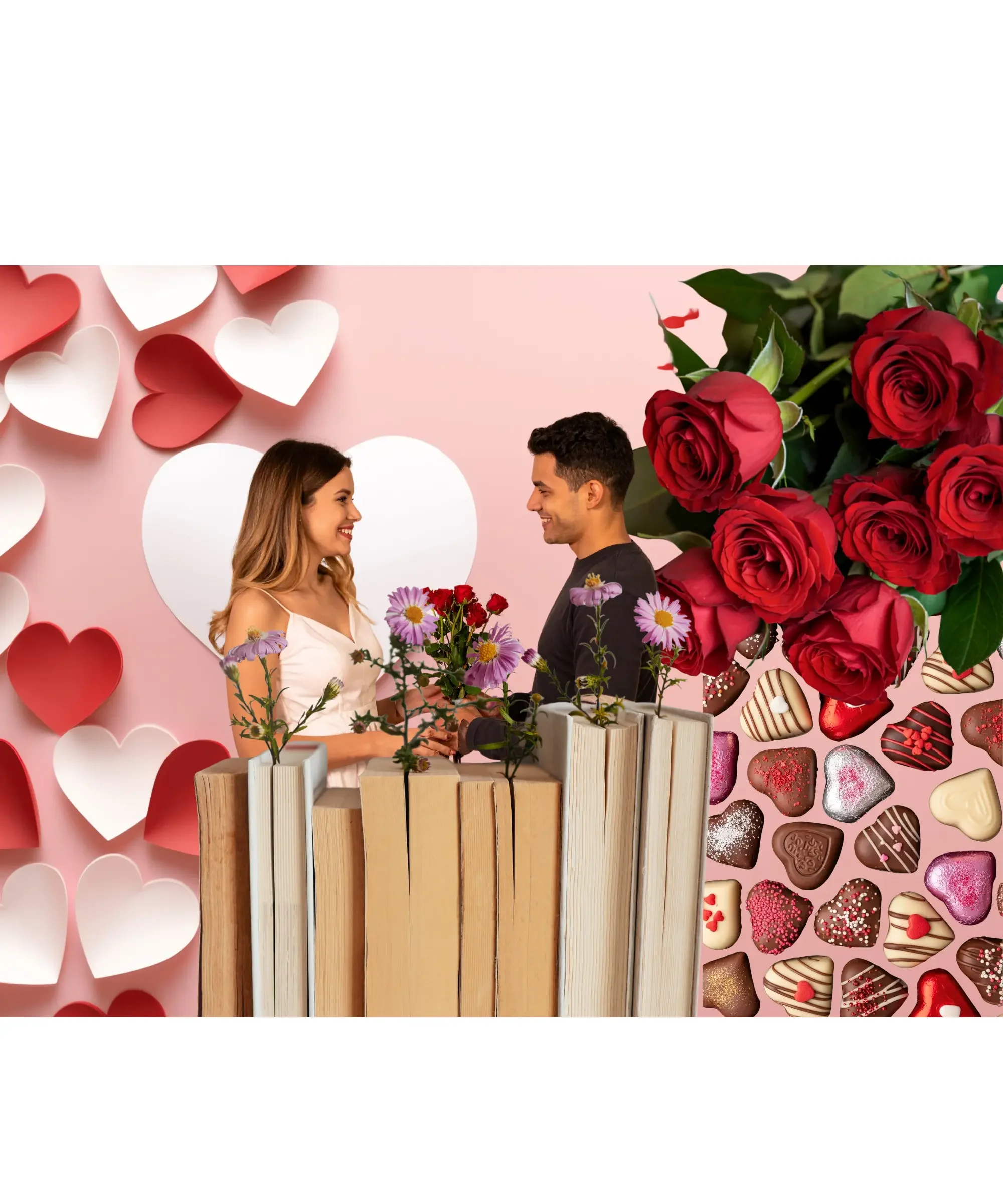 Couple exchanging flowers over stacked books with Valentine hearts, roses, and chocolates on pink background