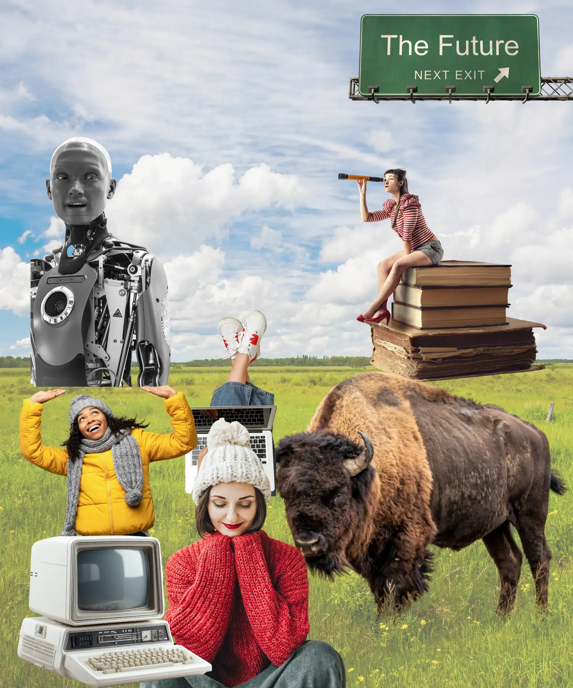 Surreal digital collage of a robot, a bison in a grassy field, people with laptops and vintage computers, and a highway sign that says “The Future – Next Exit,” symbolizing technology, nature, and the future of AI.