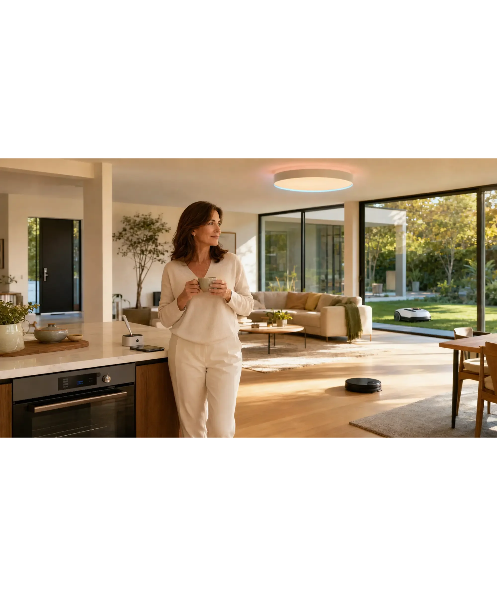 Woman enjoying her smart home while robots clean the floors and lawn.
