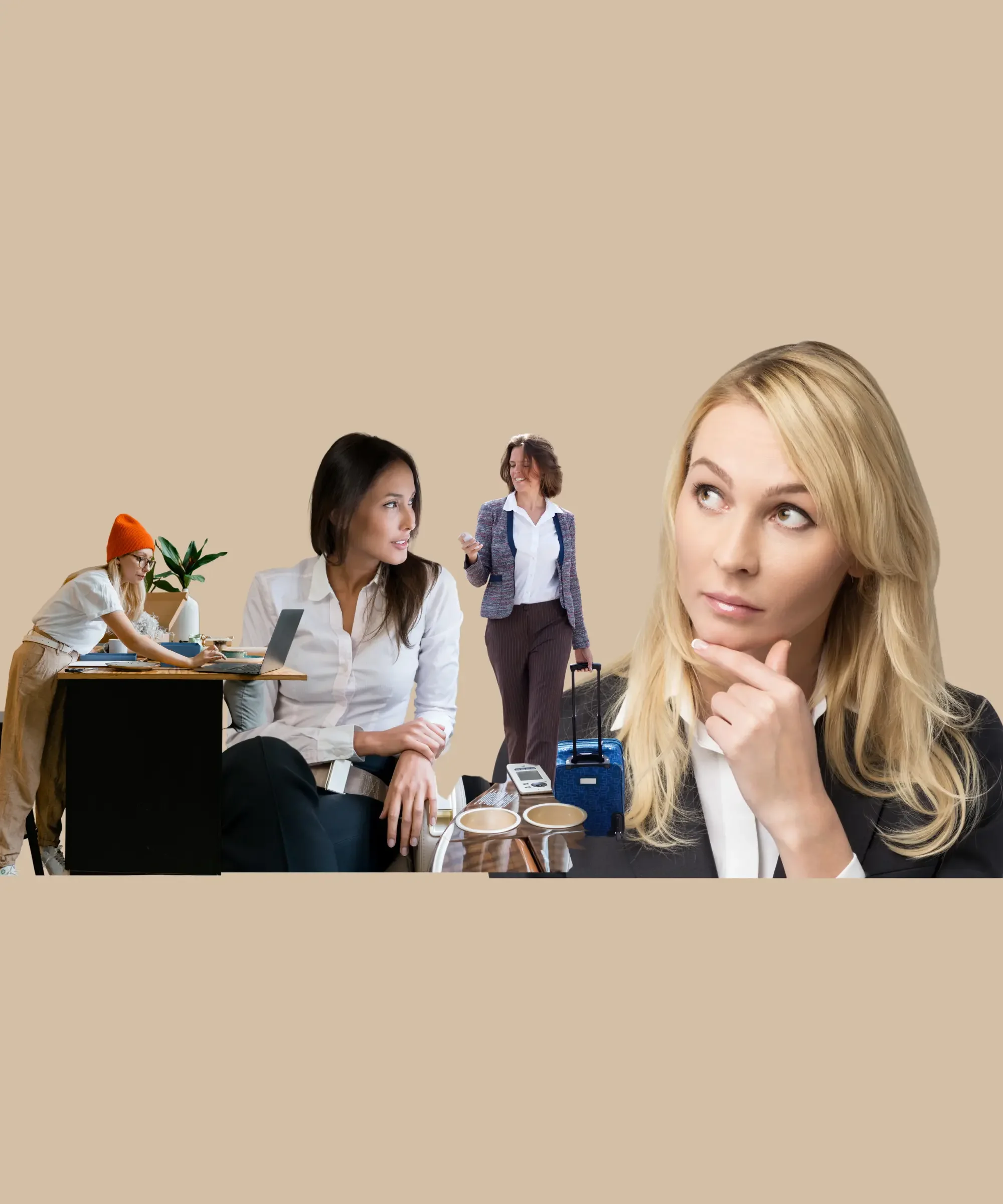 Collage of modern women working, traveling, and thinking, representing busy lifestyles, decision-making, and everyday productivity.