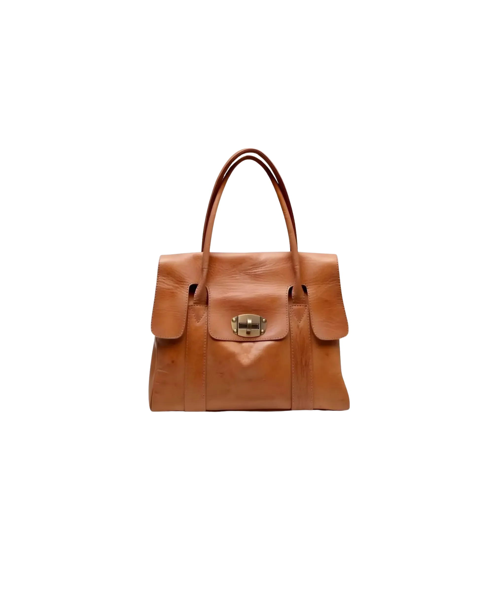 Structured cognac leather tote bag with top handles and gold hardware closure, featuring a classic, polished design ideal for a timeless capsule wardrobe.