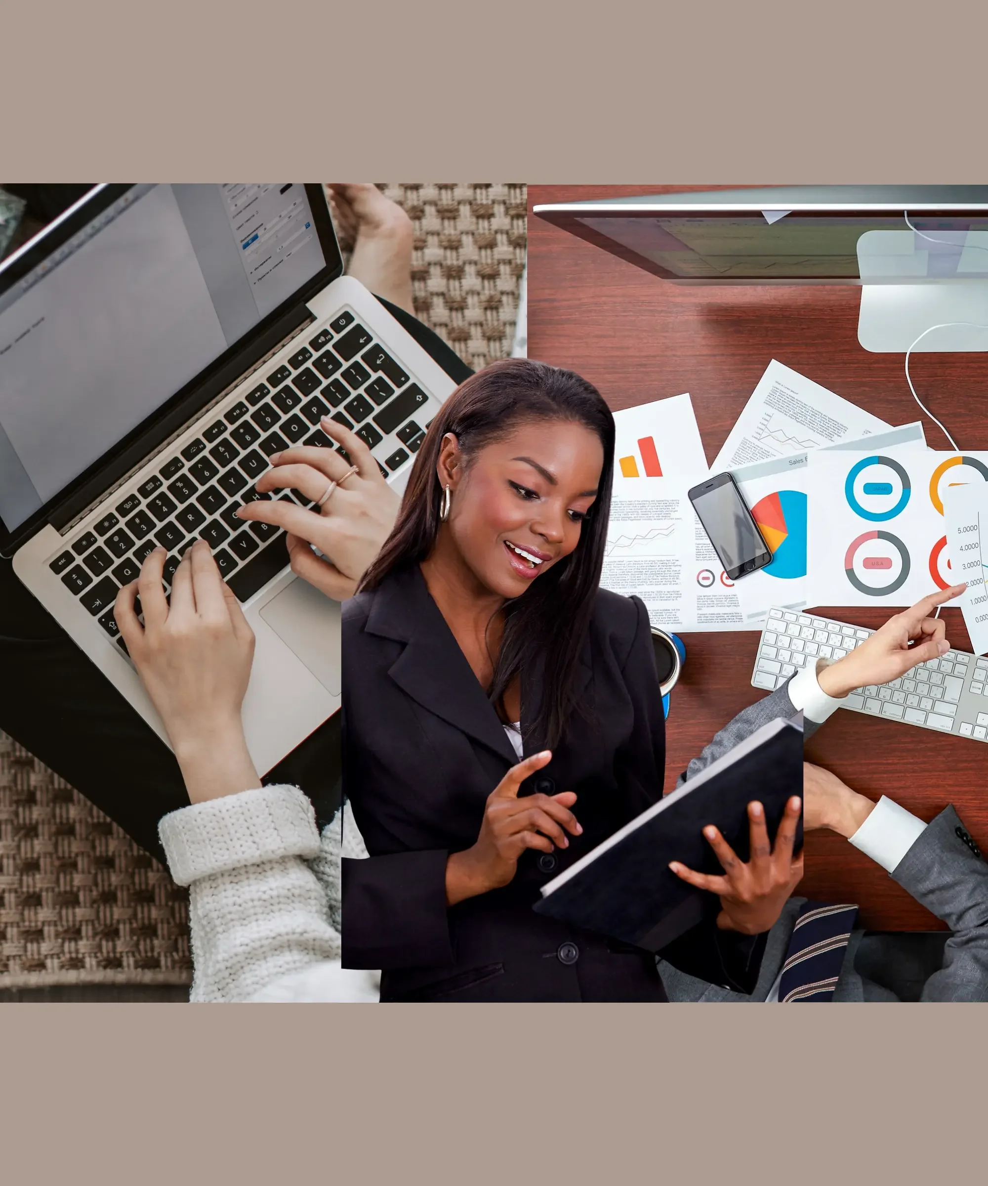 Collage of women using laptops, tablets, and charts, representing how people use AI tools to manage work, planning, and daily tasks.