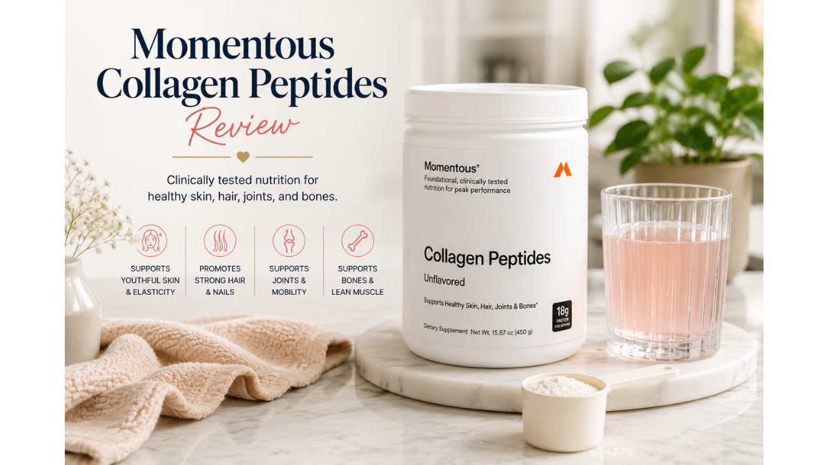 Momentous Collagen Peptides supplement with collagen powder and drink, representing daily support for healthy aging, joints, and skin.