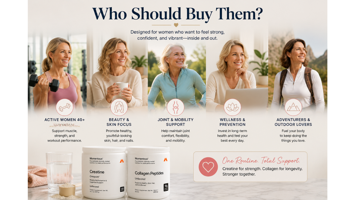 Active women over 50 exercising, hiking, and embracing healthy aging with Momentous Creatine and Collagen Peptides, illustrating who these supplements are designed for.
