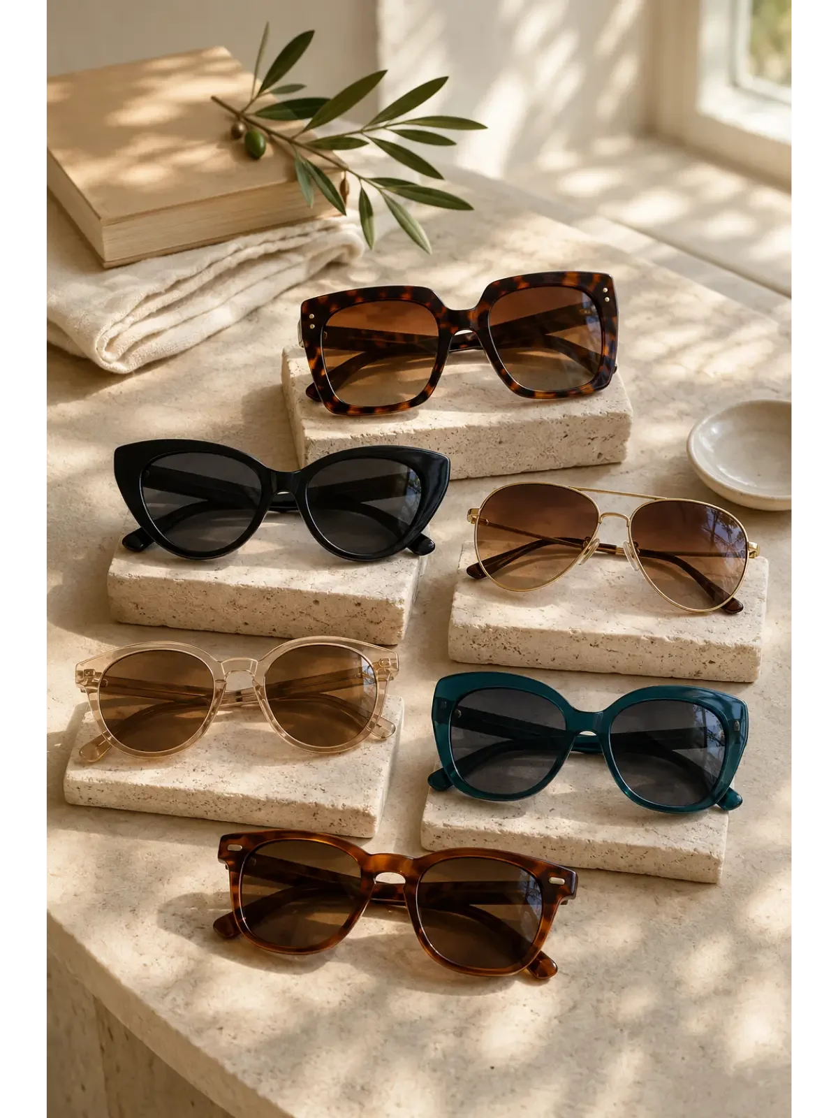 Stylish women’s sunglasses arranged on a sunlit stone table.