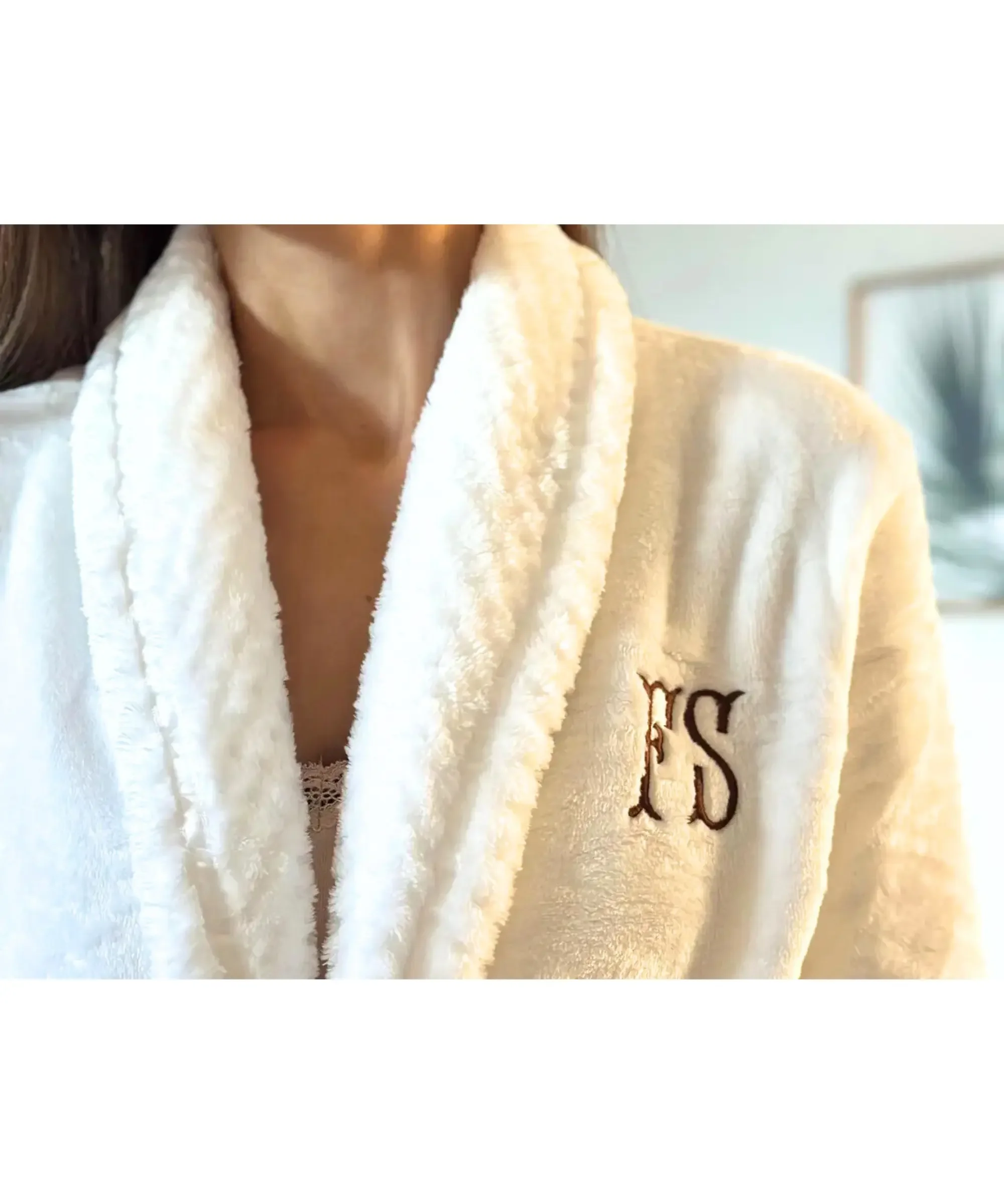Personalized white plush bathrobe with embroidered monogram, soft luxury spa robe gift idea for mom.