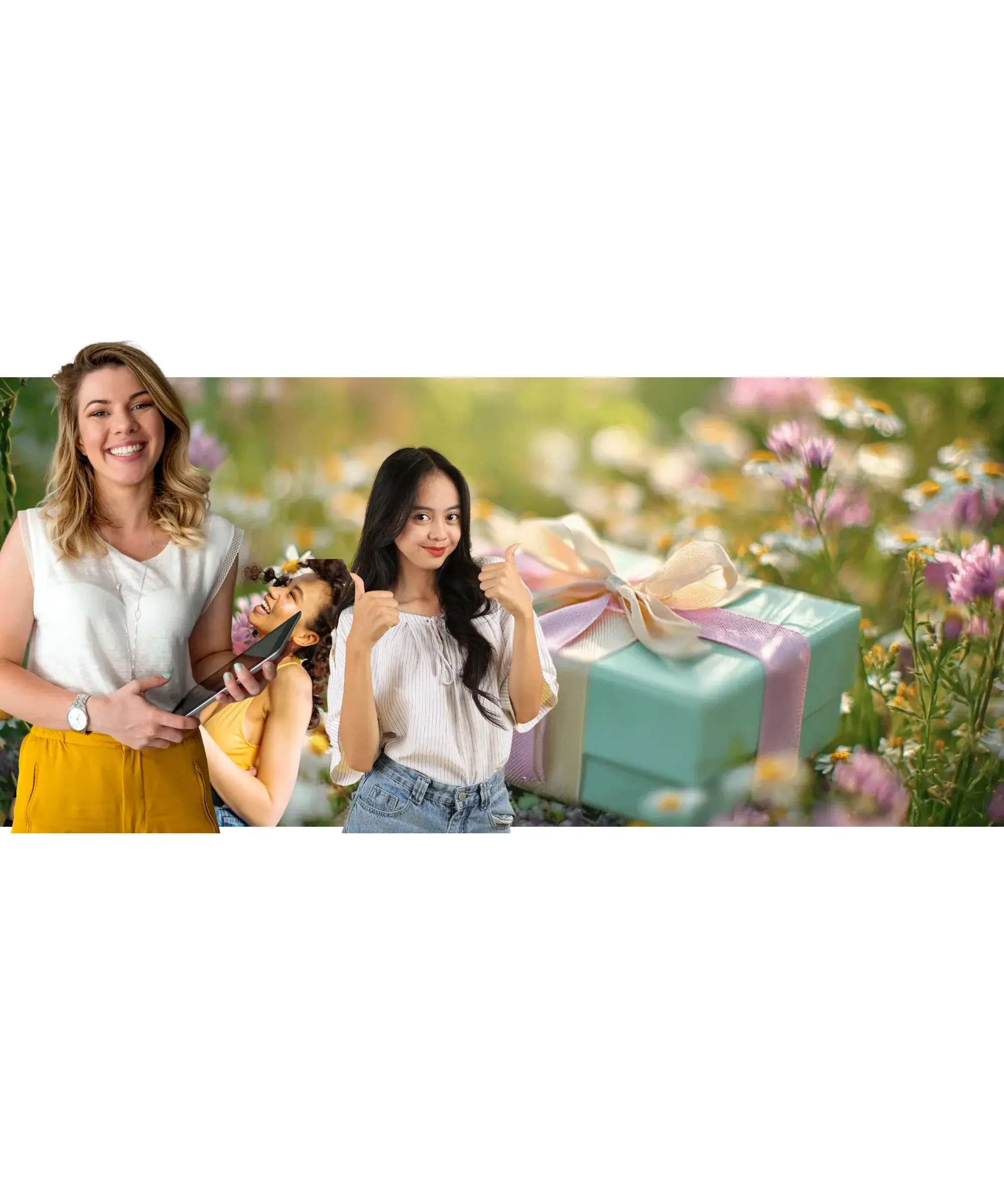 Mother’s Day gift concept with wrapped present in flower field and smiling women celebrating, perfect gift ideas for mom and special occasions