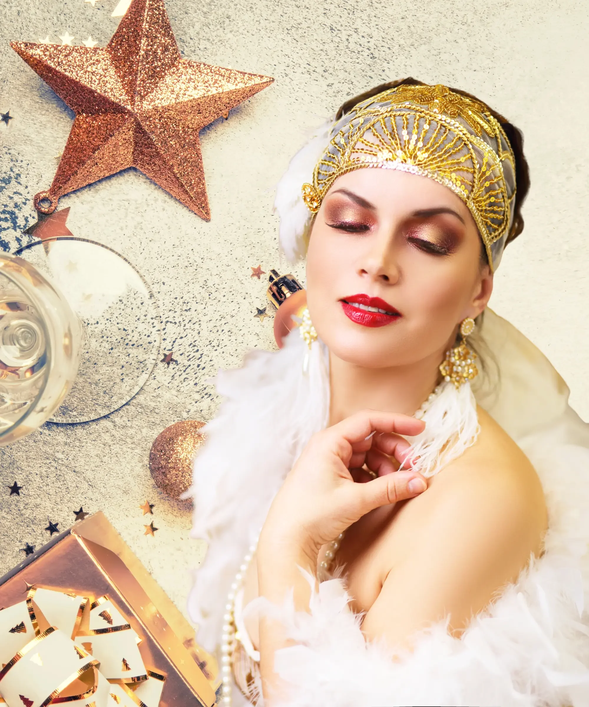 Elegant woman styled in a 1920s flapper look with a gold headpiece, red lipstick, and white feathers, surrounded by stars and festive New Year décor, symbolizing manifestation, abundance, and a prosperous new beginning.