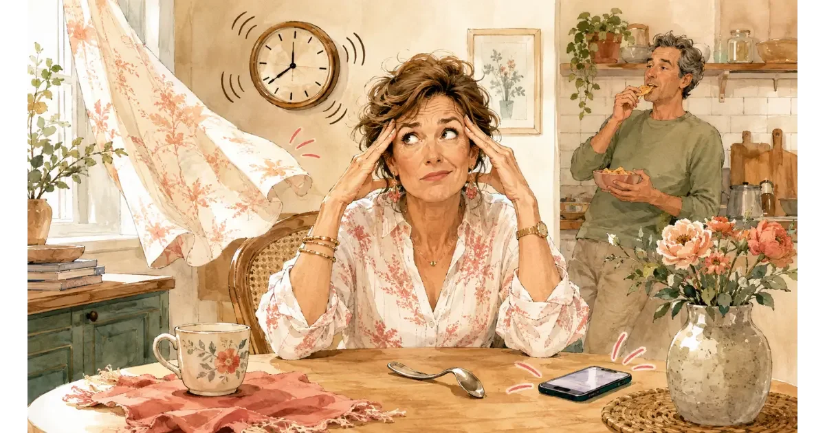 Playful watercolor illustration of a frustrated midlife woman reacting to a ticking clock, fluttering curtain, buzzing phone, crooked spoon, and her husband eating nearby.
