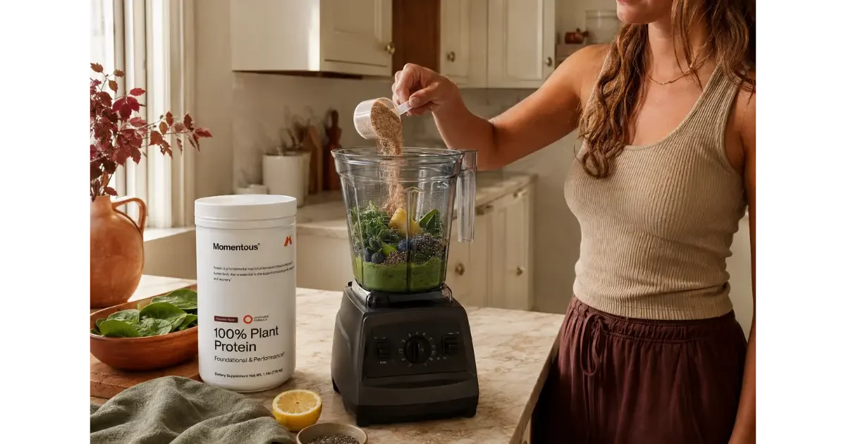 Woman adds Momentous chocolate plant protein to a green smoothie with spinach, blueberries, chia seeds, and lemon.