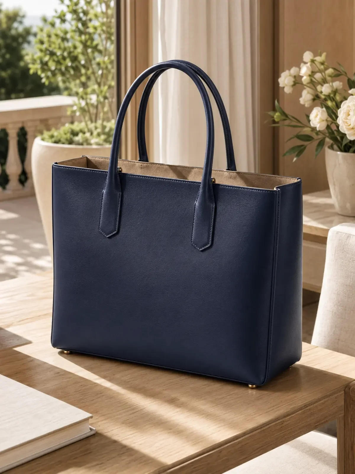 Navy leather structure tote bag
