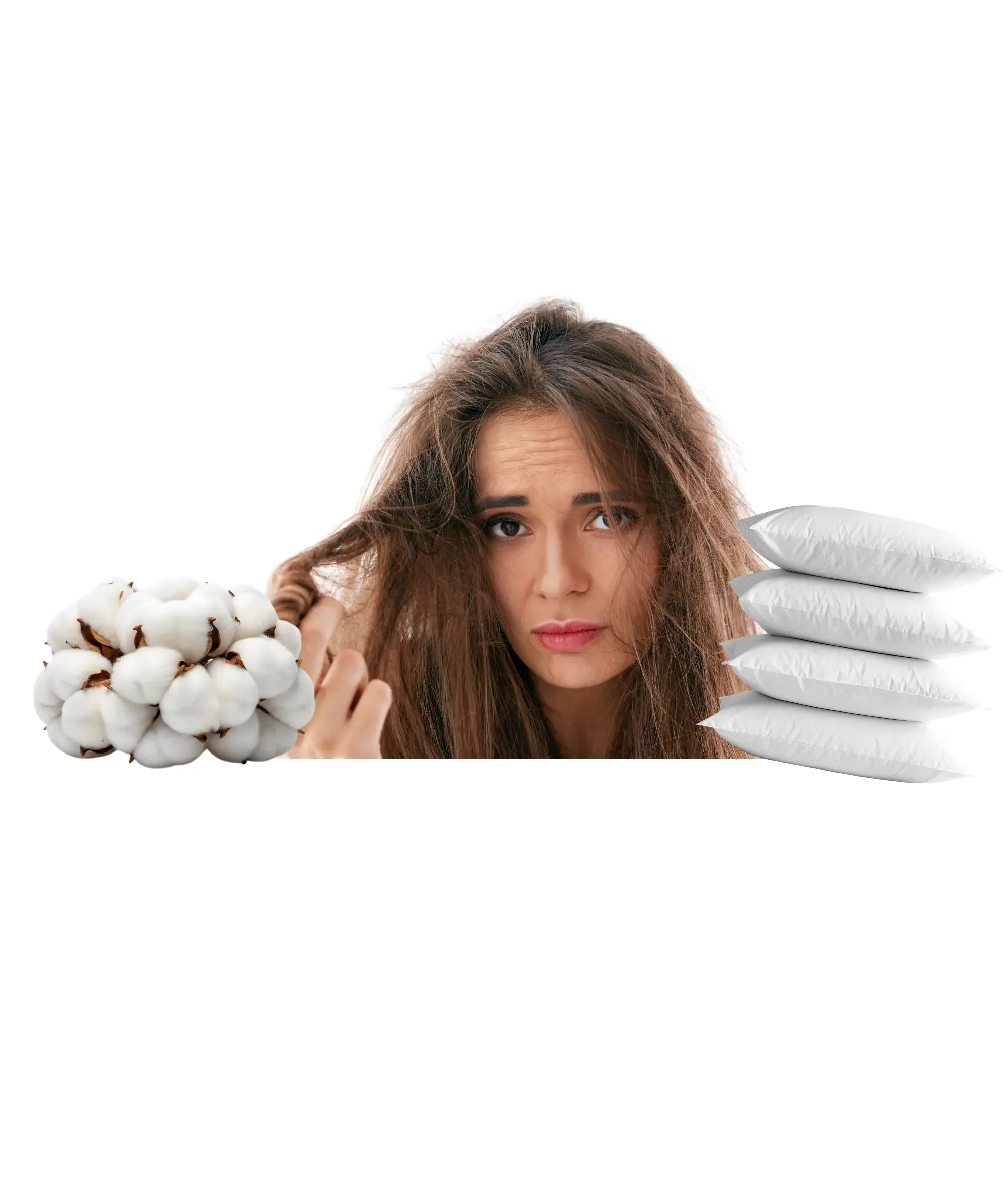 Woman with frizzy, tangled hair next to cotton and pillows, illustrating hair damage caused by sleeping on cotton pillowcases.