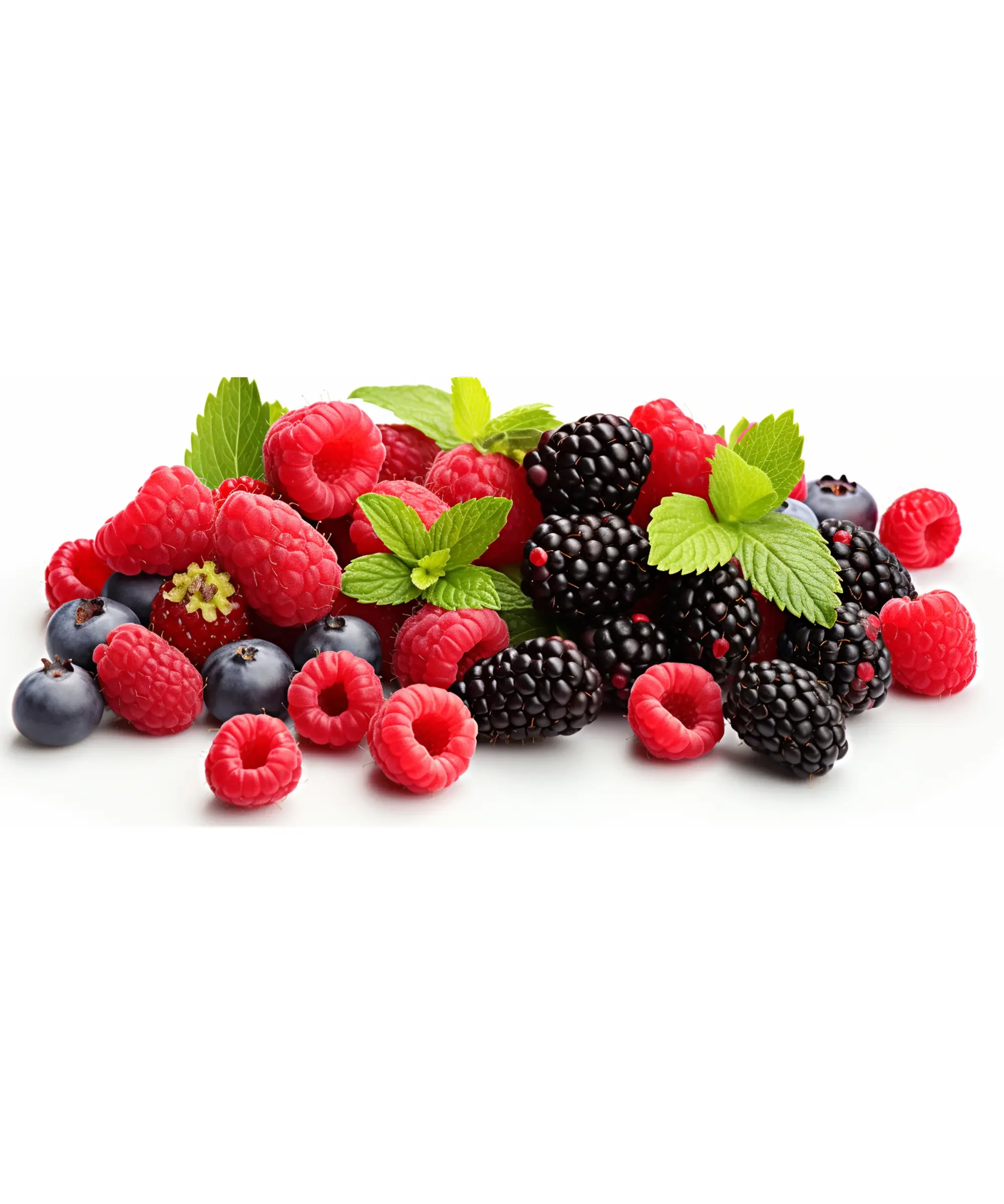 Fresh mixed berries including raspberries, blackberries and blueberries with mint leaves, antioxidant-rich fruits and healthy nutrition concept