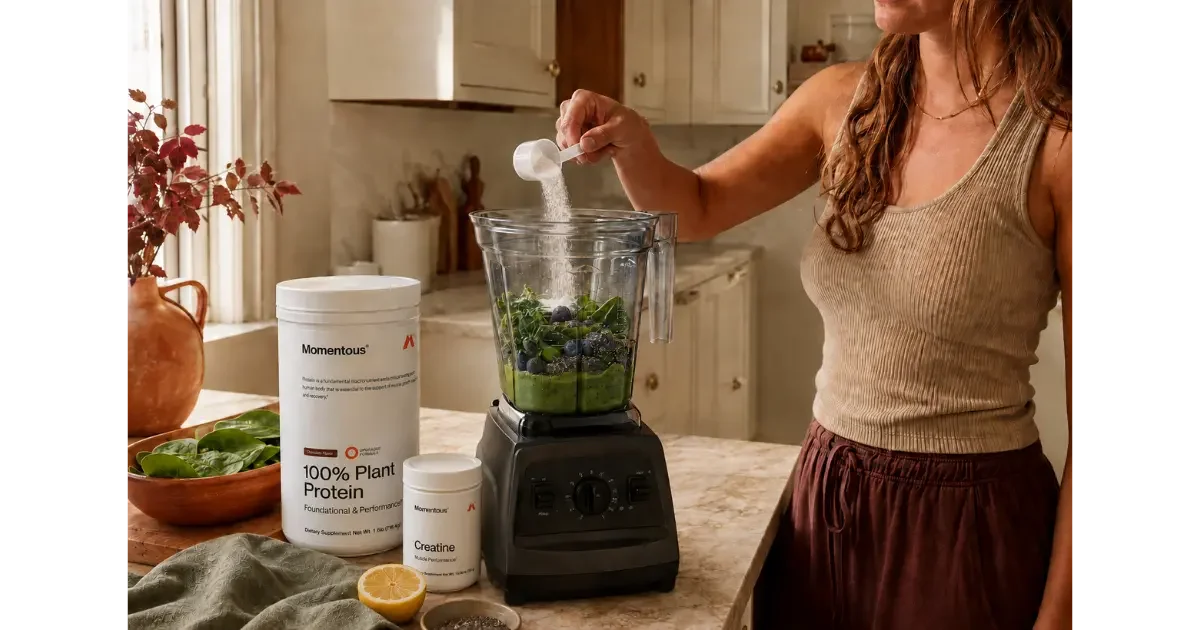 Woman adds Momentous creatine to a green smoothie beside containers of creatine and chocolate plant protein.