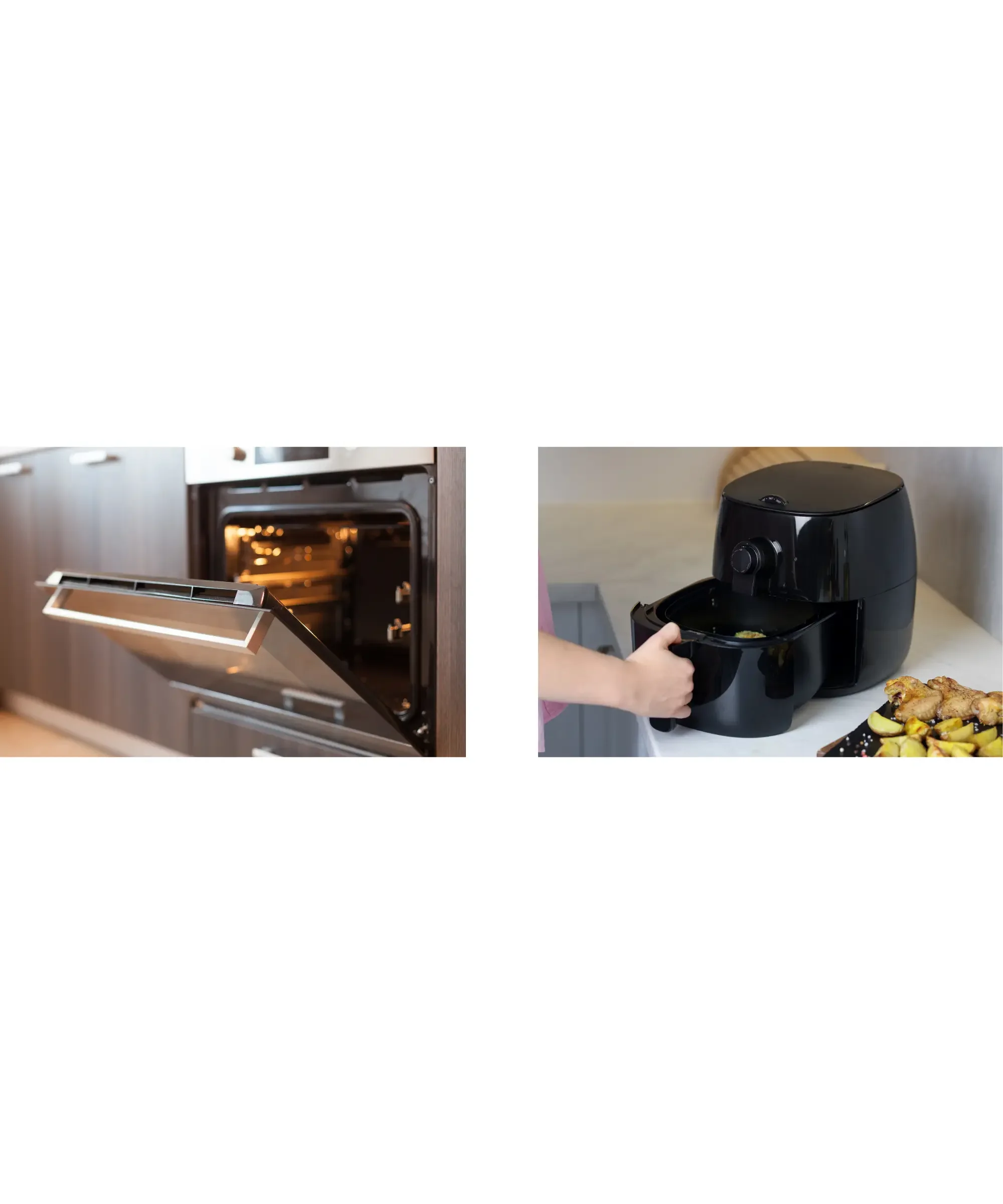 Oven vs air fryer comparison showing open oven and countertop air fryer used for faster, energy-efficient home cooking.