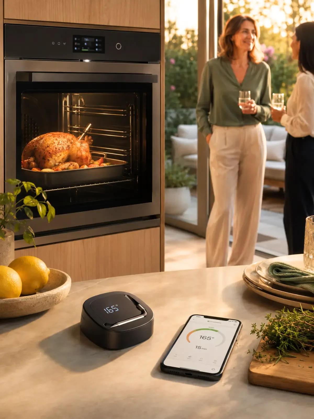Smart wireless thermometer monitoring a roast while two women relax nearby.