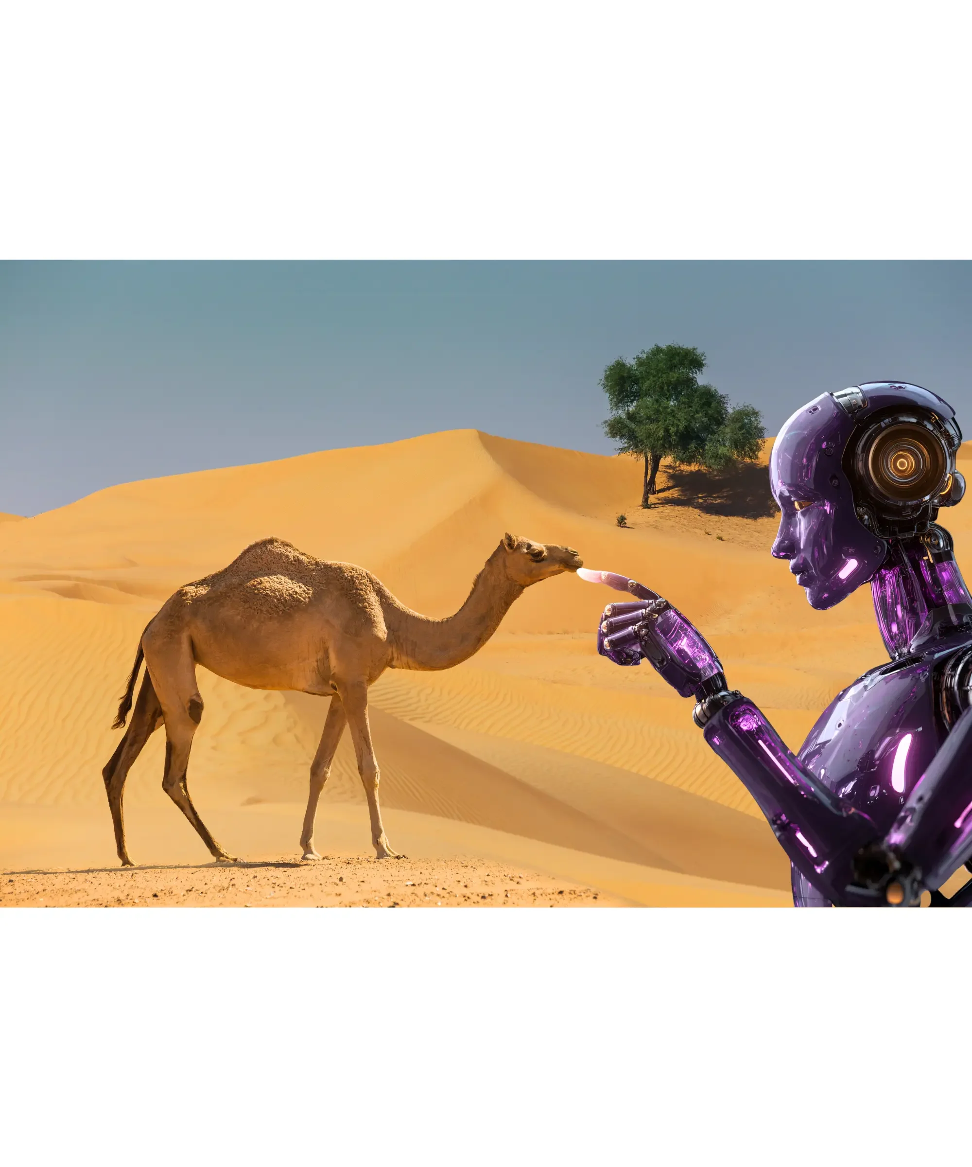 Futuristic robot pointing at a camel in the desert, symbolizing artificial intelligence and water scarcity.