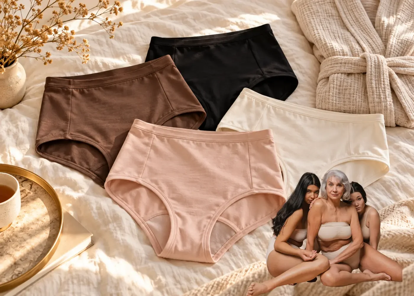 Four pairs of leakproof underwear in blush, cream, brown, and black arranged on a bed, with three women seated together in the foreground.