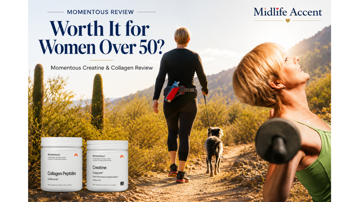 Active woman over 50 hiking and strength training with Momentous Creatine and Collagen Peptides, illustrating healthy aging and wellness.
