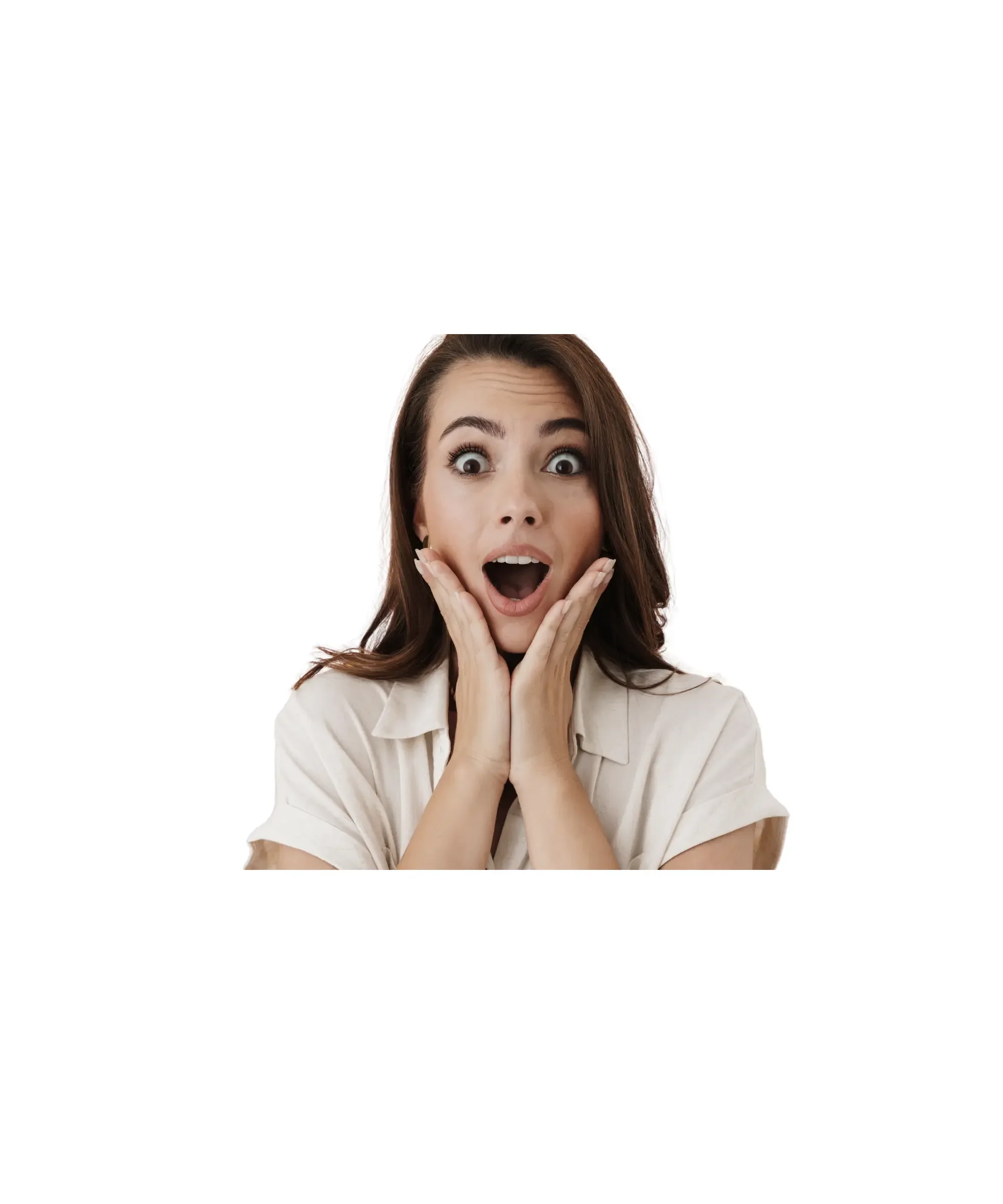 woman with a funny surprised expression and hands on her cheek