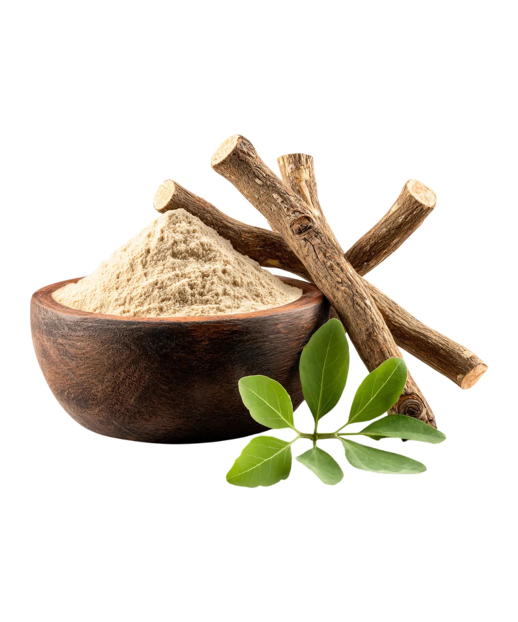 “Wooden bowl filled with ashwagandha powder next to ashwagandha roots and green leaves on a white background.”