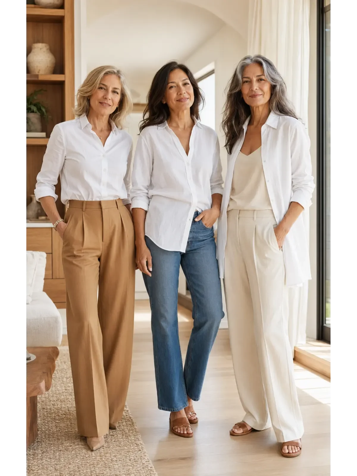 Three stylish midlife women wearing different white button-down shirts with neutral trousers and jeans.