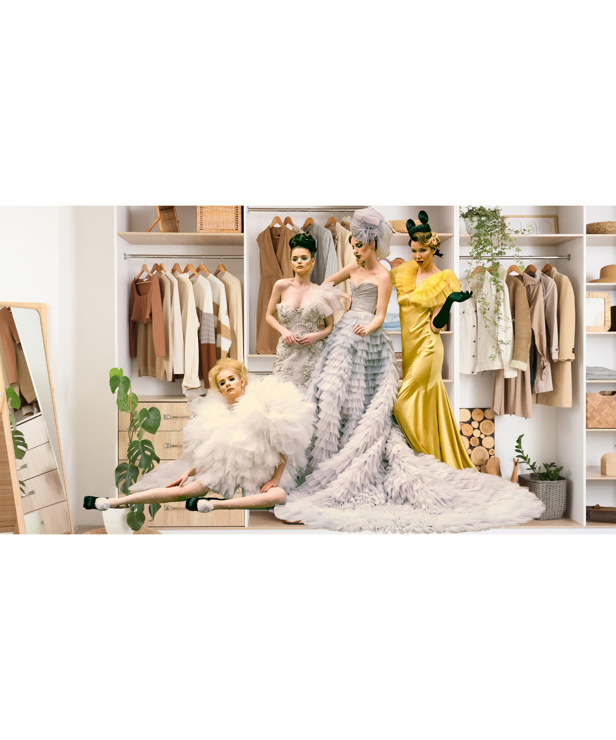 Capsule wardrobe closet with neutral clothing and statement dresses, mixing minimalist basics with bold fashion pieces for versatile and stylish outfits